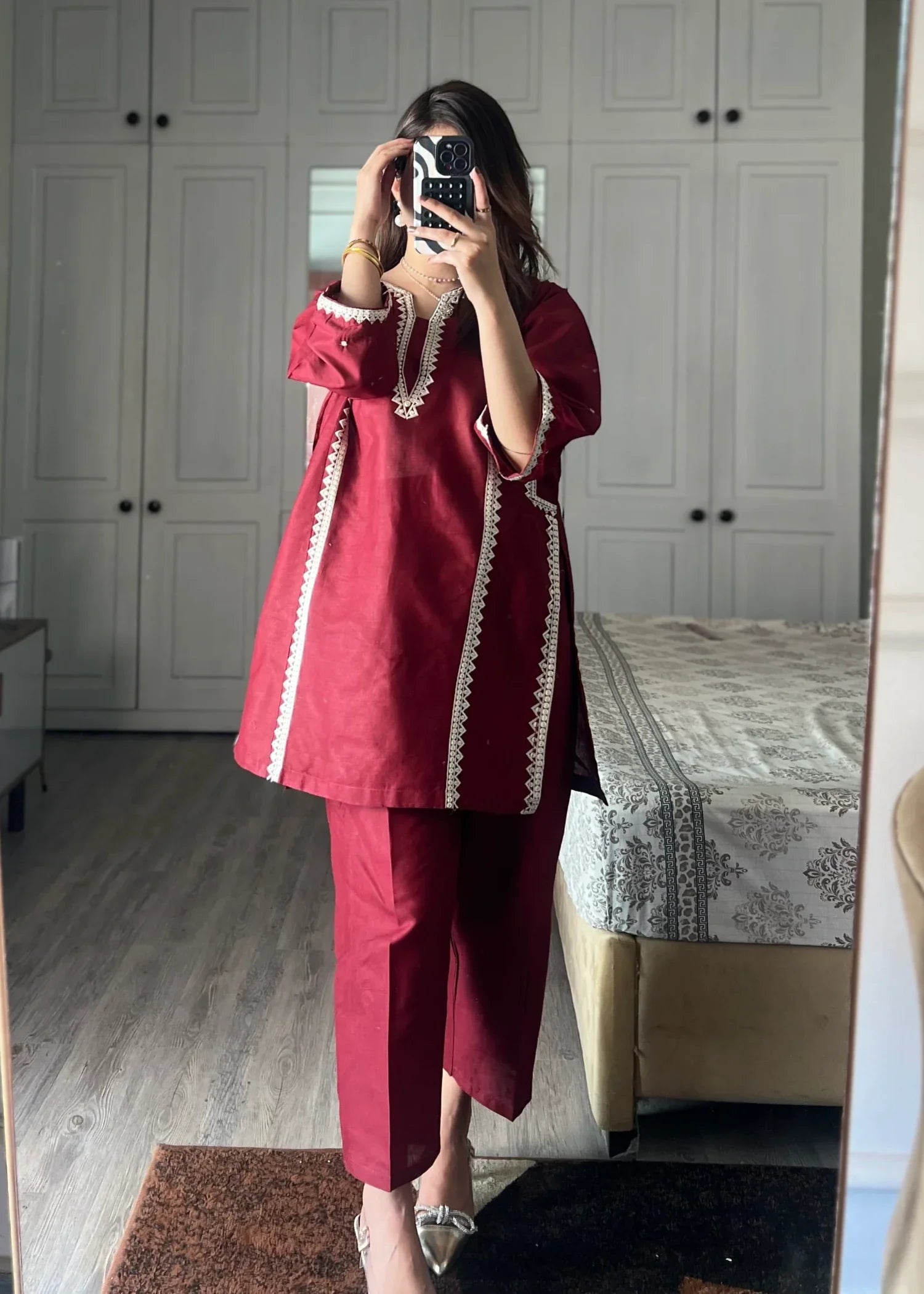 cotton linen Kurta Set in Blood red