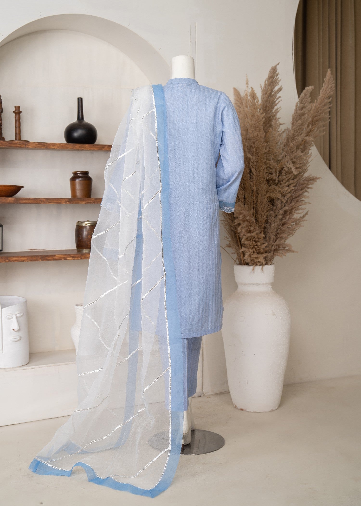 self jacquard Kurta Set in Light blue
