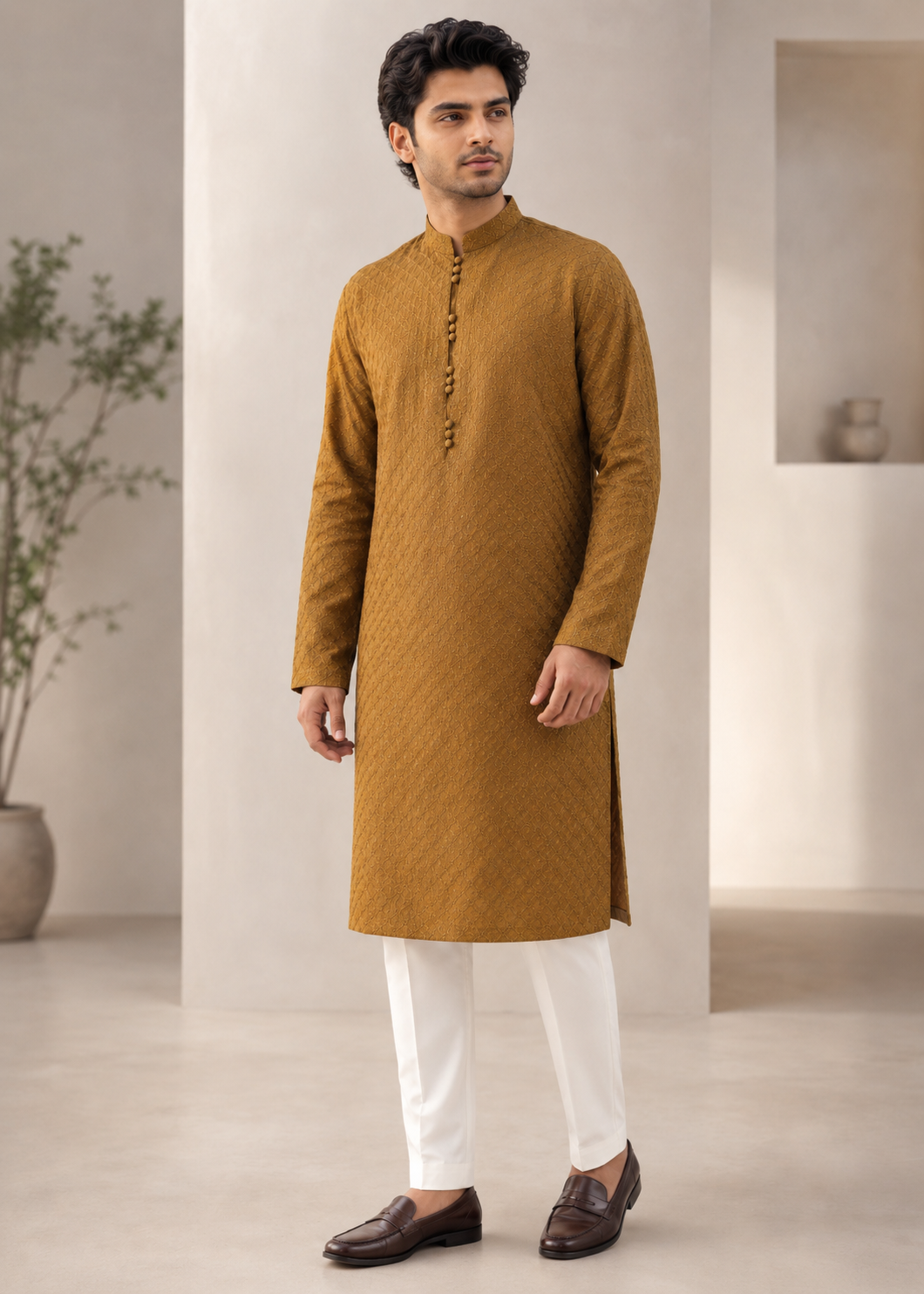 lawn cotton Kurta Set in Golden brown