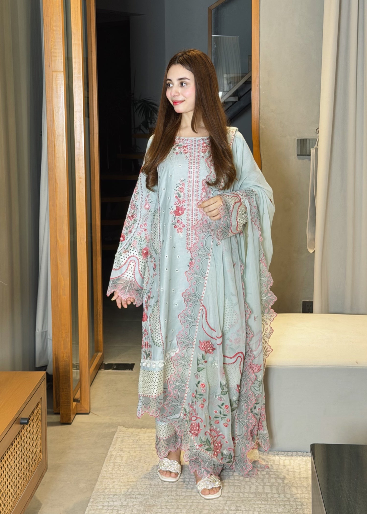 lawn Kurta Set in Ash grey, pink