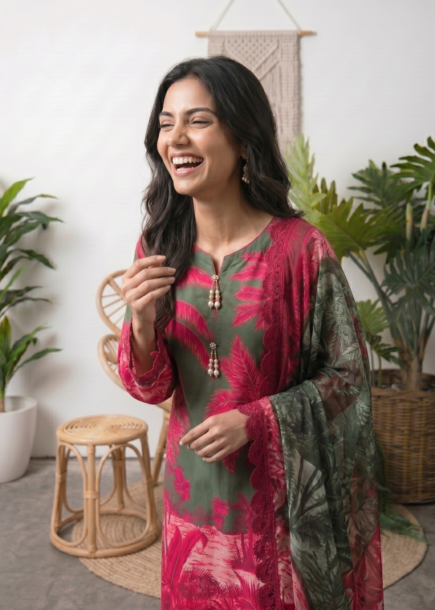lawn Kurta Set in Green, amaranth