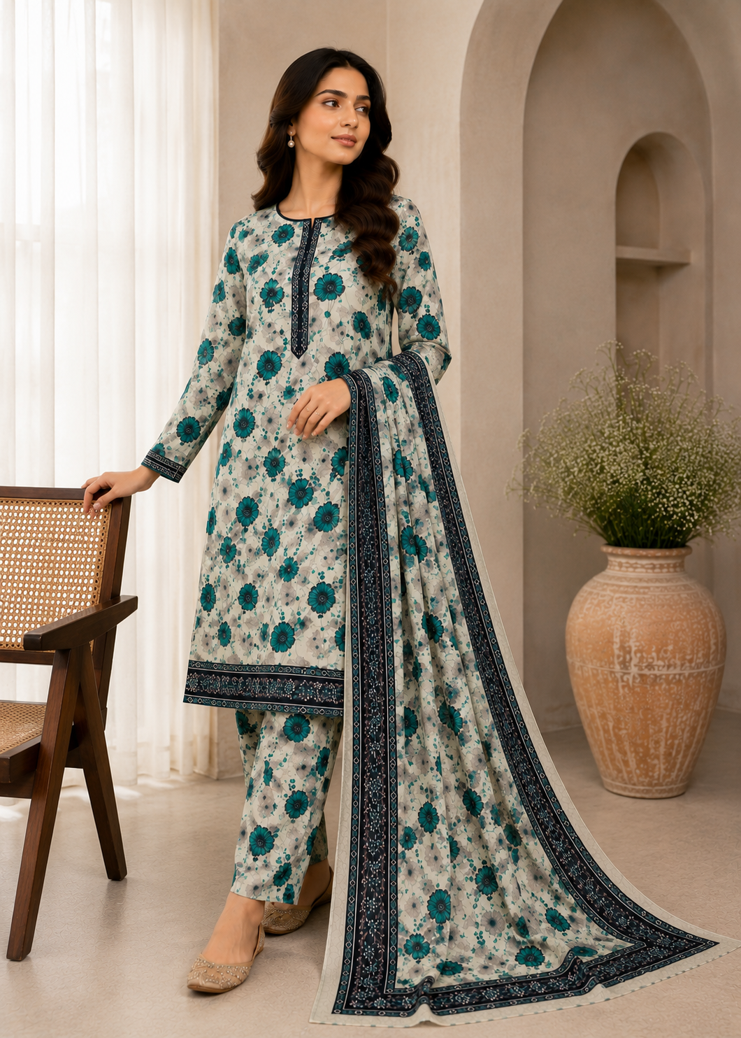 cotton Unstitched in Beige, pine green