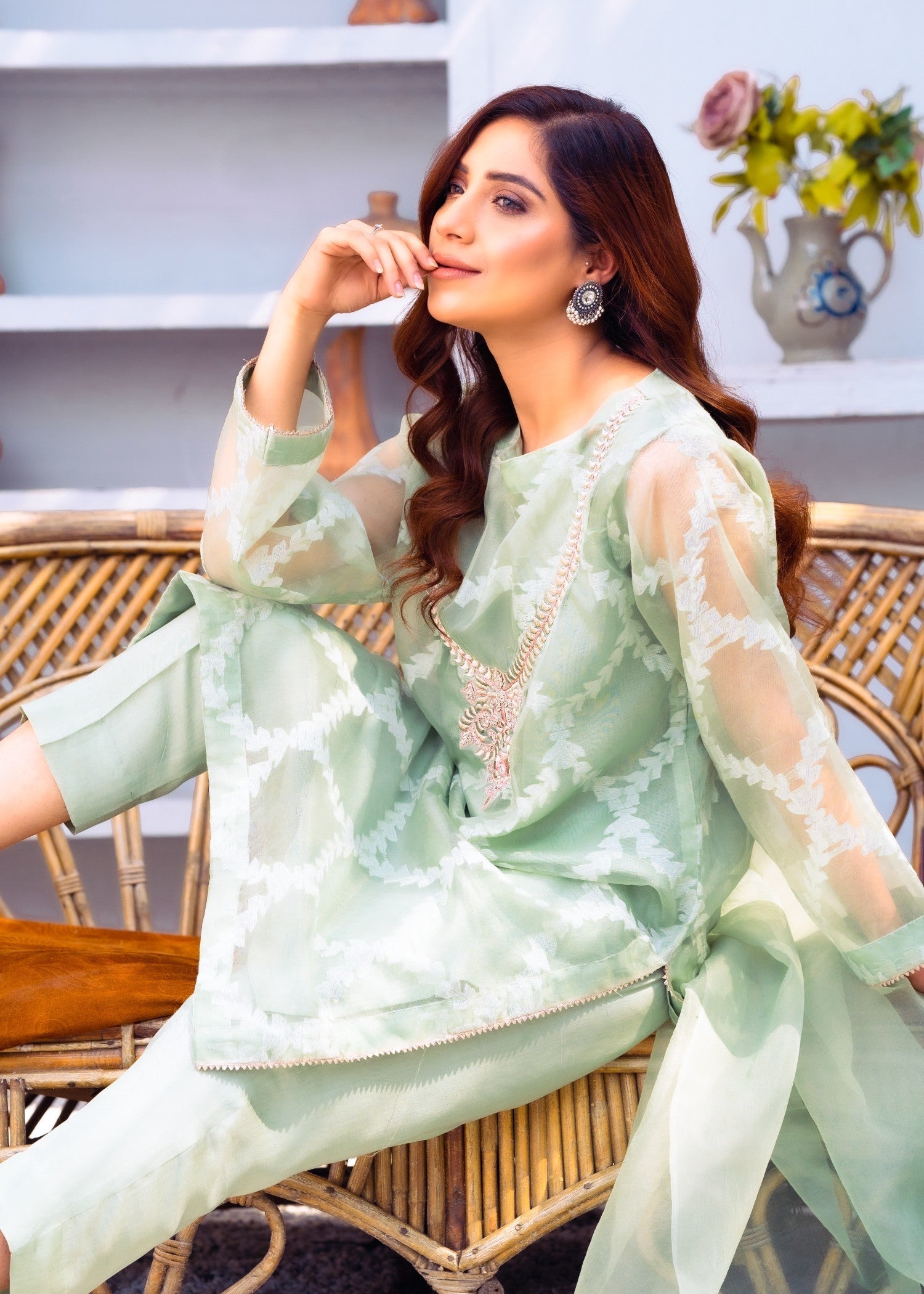 jacquard organza Kurta Set in Tea green