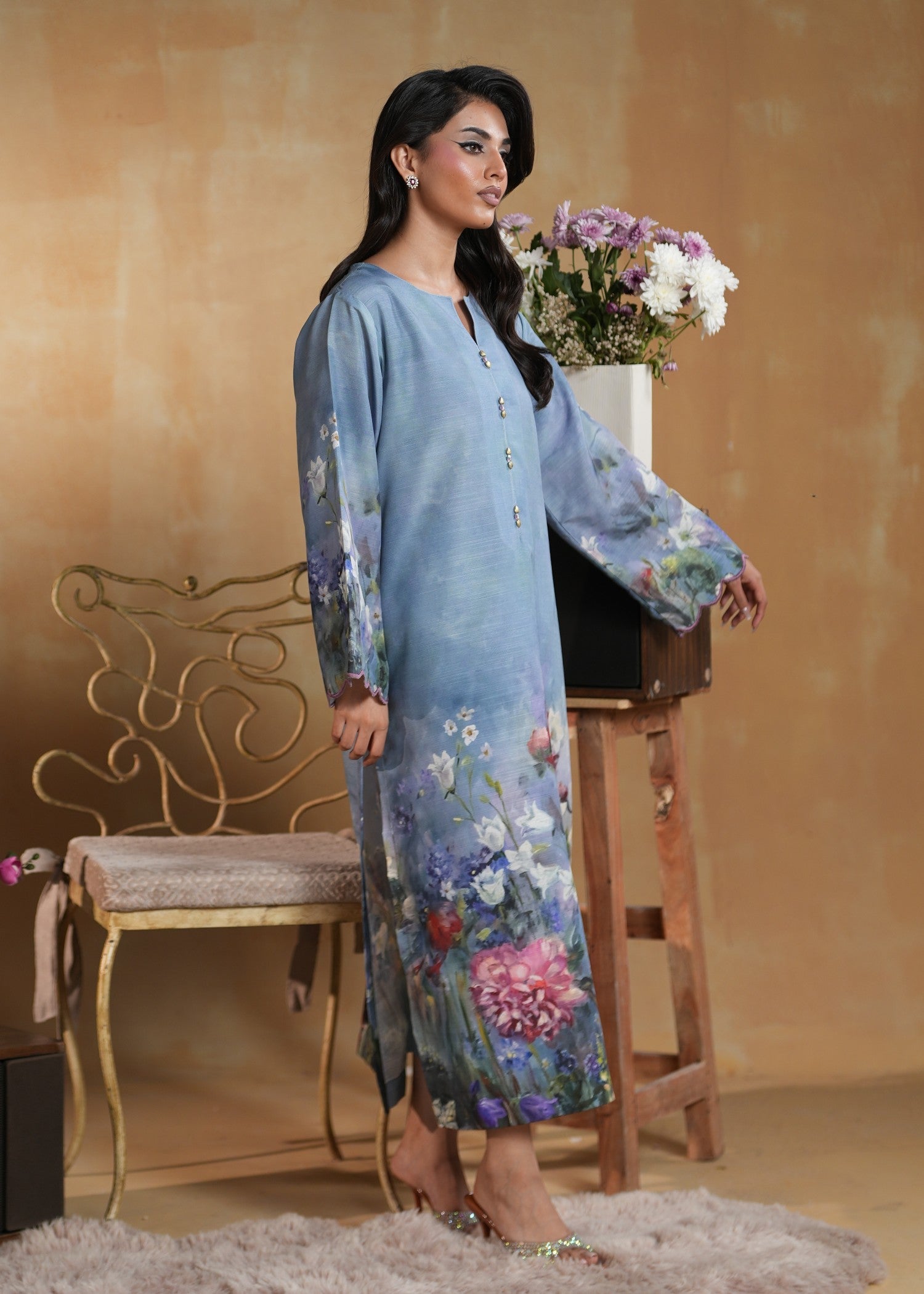 fine khaddar Kurta Set in Light blue