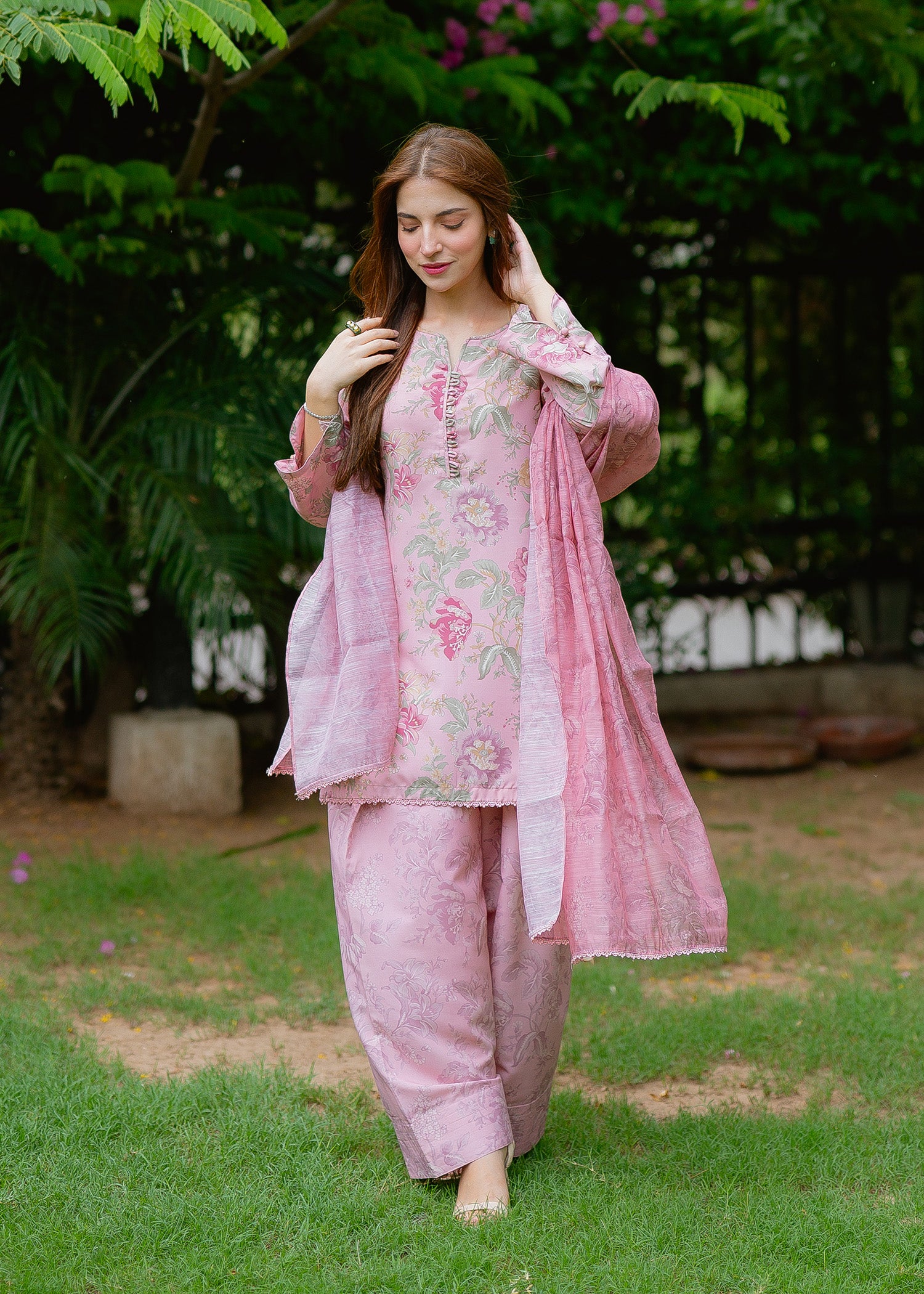 raw silk Kurta Set in Tea rose pink