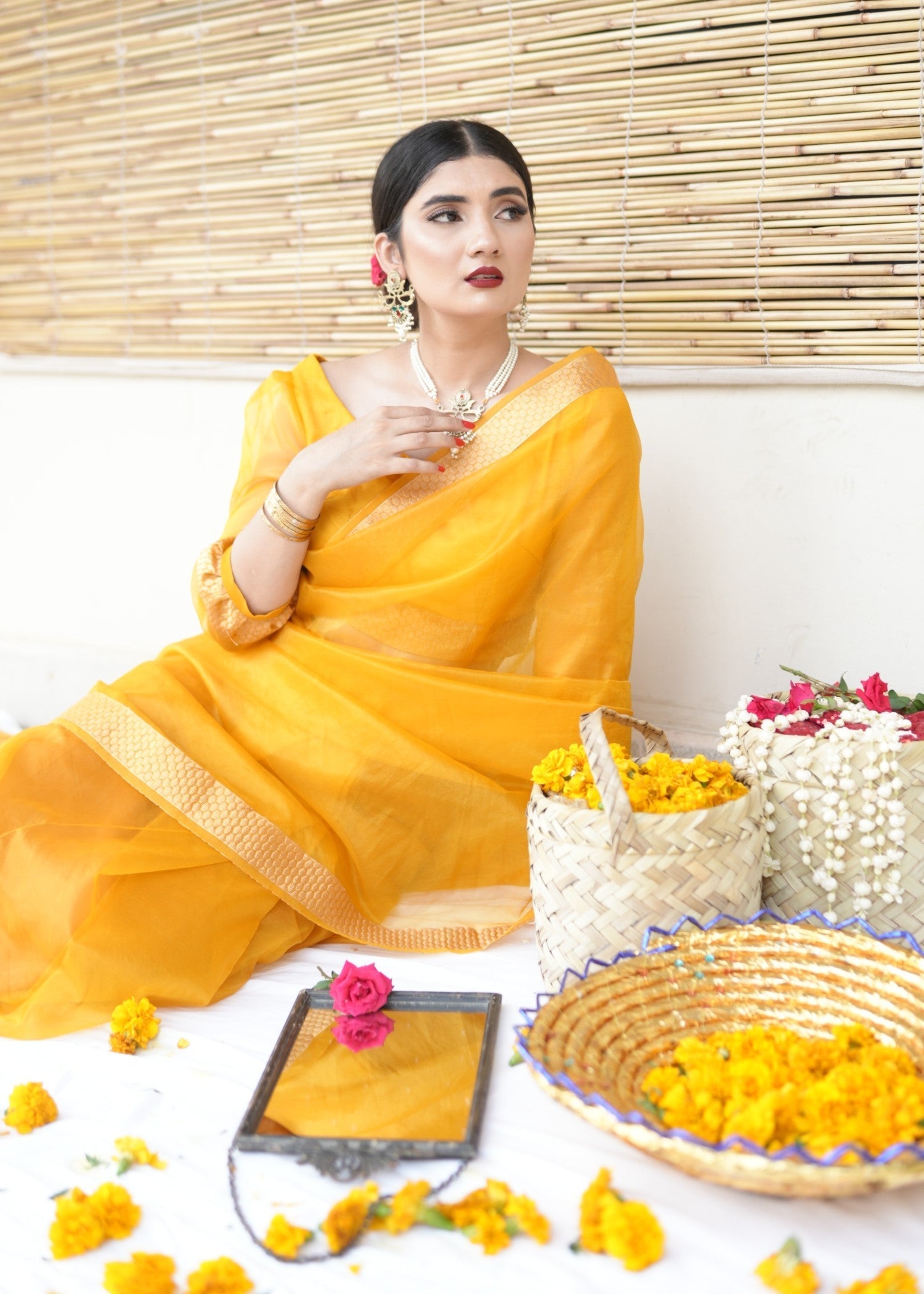 zari organza Saree in Mari gold