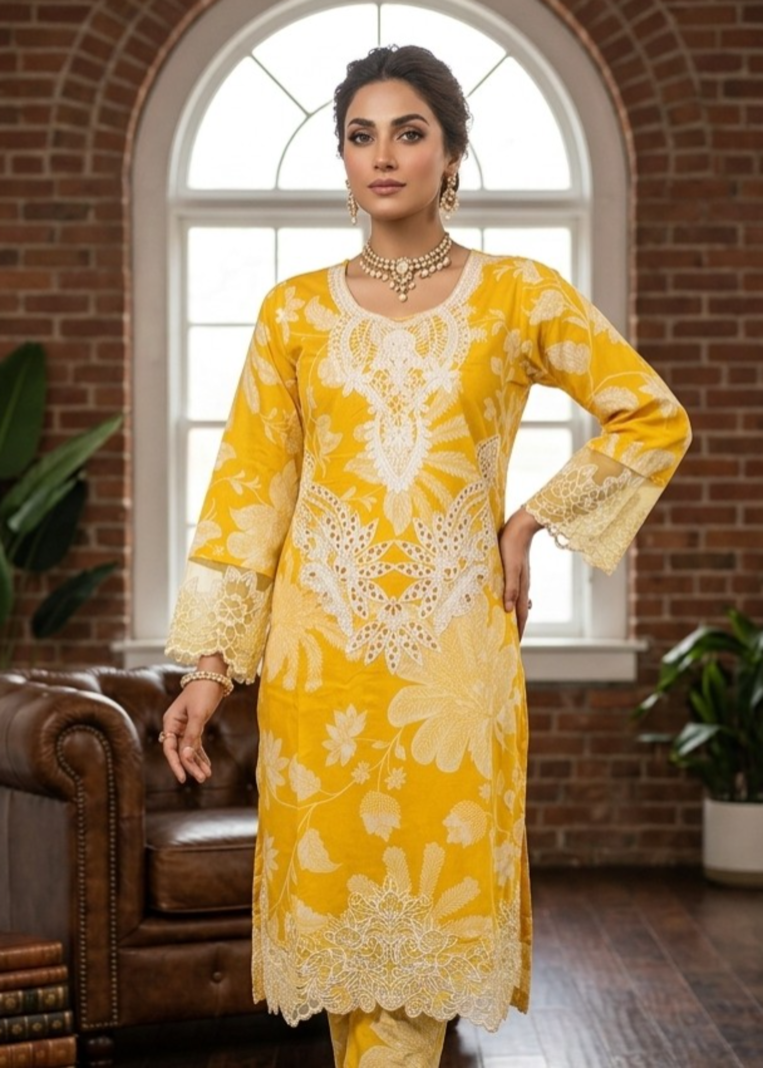 lawn Kurta Set in School bus yellow