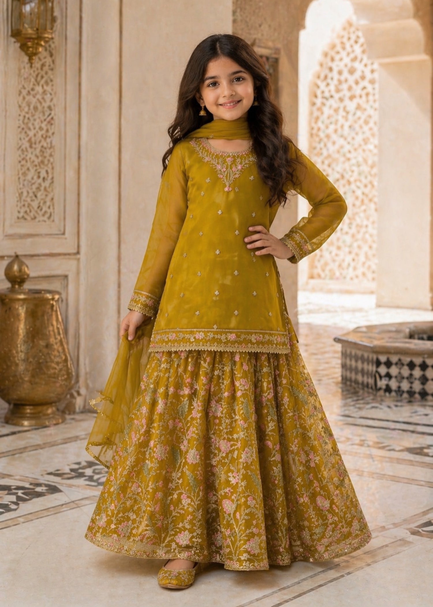 organza Lehenga in Saffron