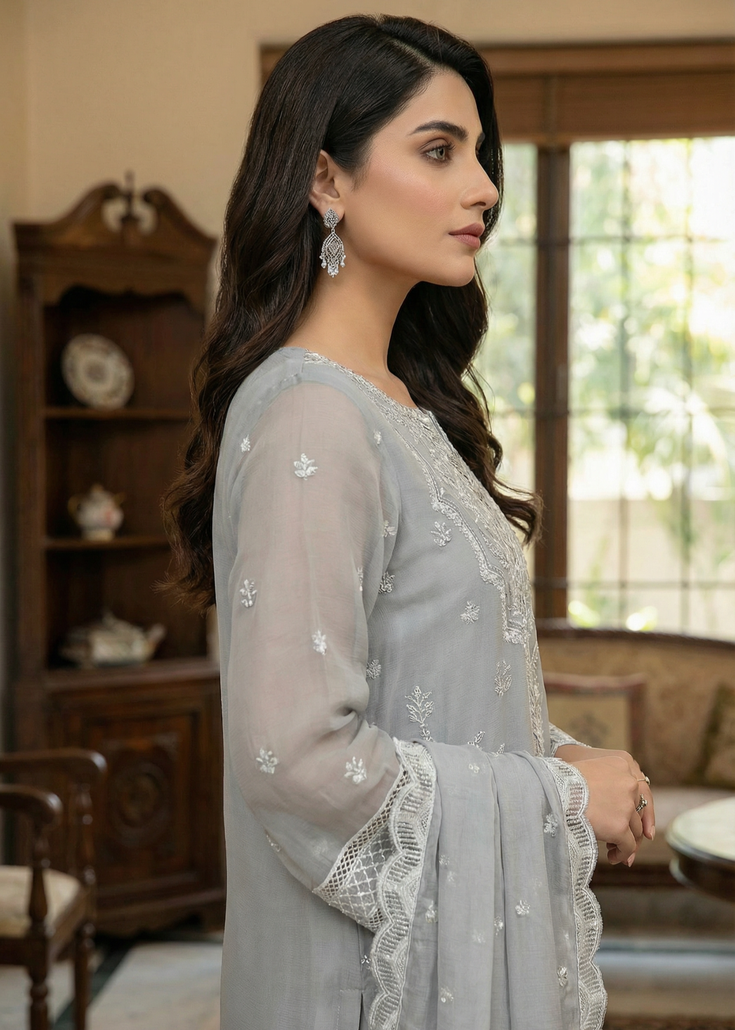 chiffon Kurta Set in Pastel grey