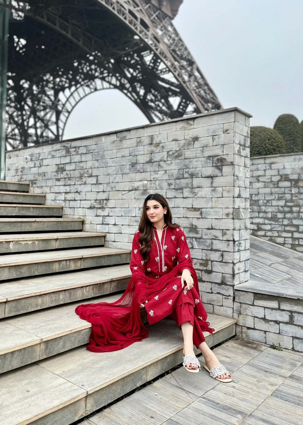 linen Kurta Set in Red