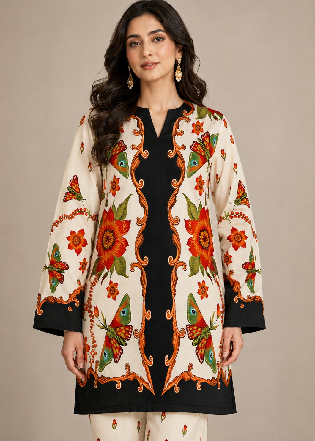 lawn Unstitched in Beige, black, orange