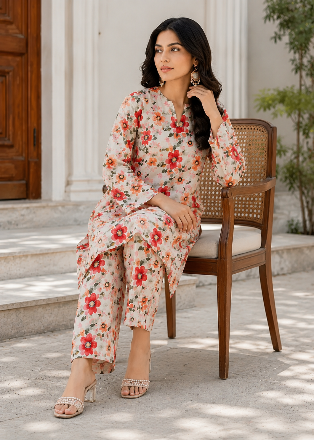lawn Unstitched in Rose red, floral white