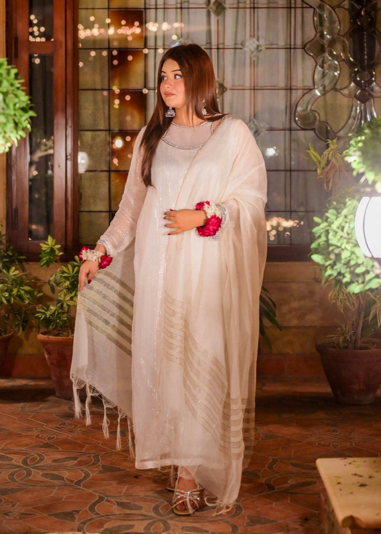 zari jacquard Kurta Set in White
