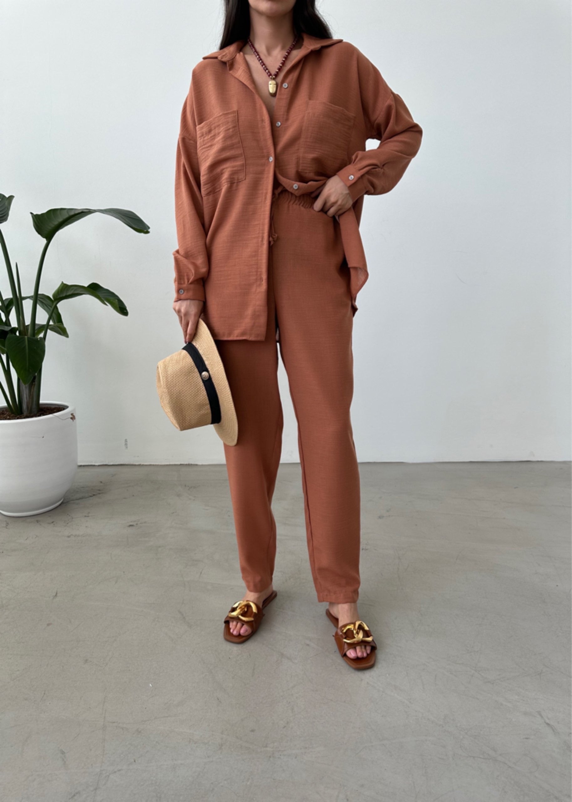 blended linen Co Ord Sets in Chocolate brown