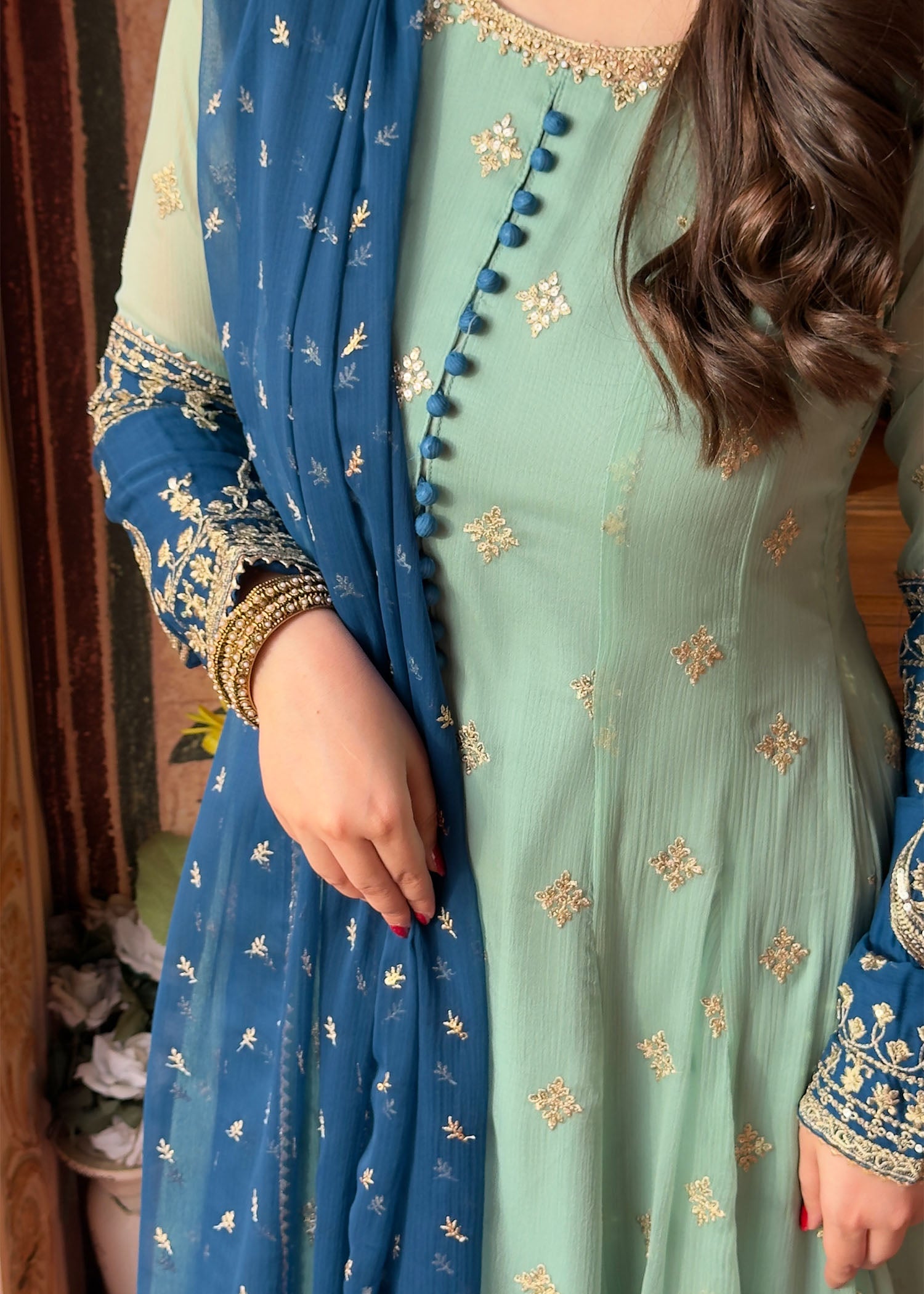 chiffon Anarkali in Aquamarine