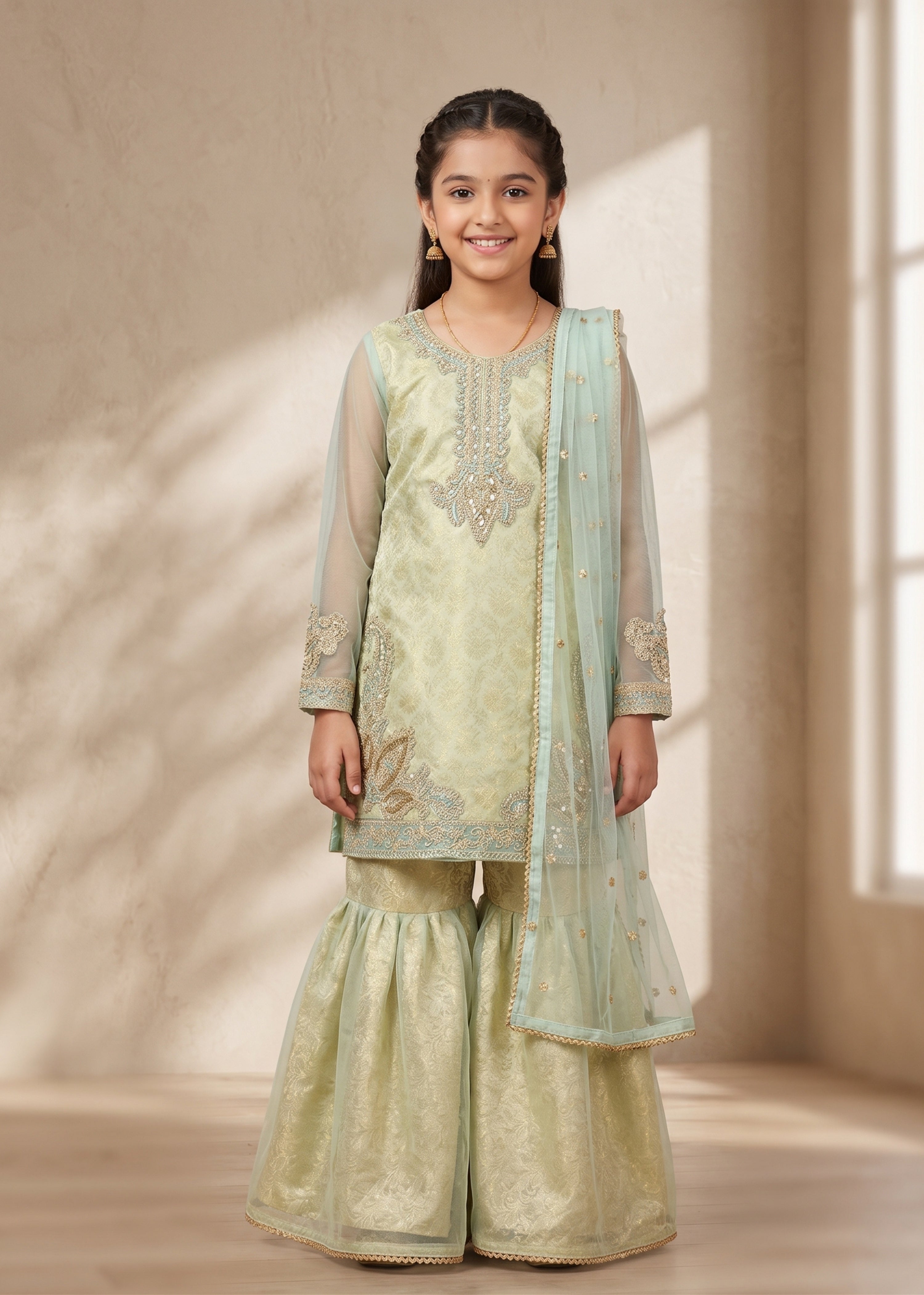 lawn Gharara in Pistachio green