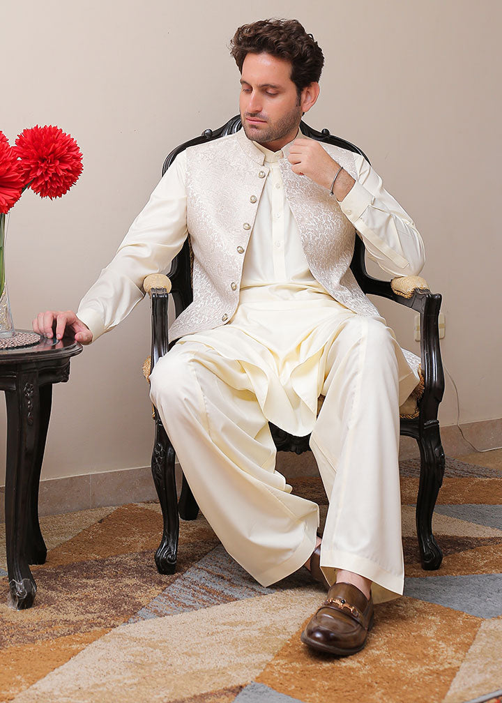banarsi silk Waistcoat in Pearl white