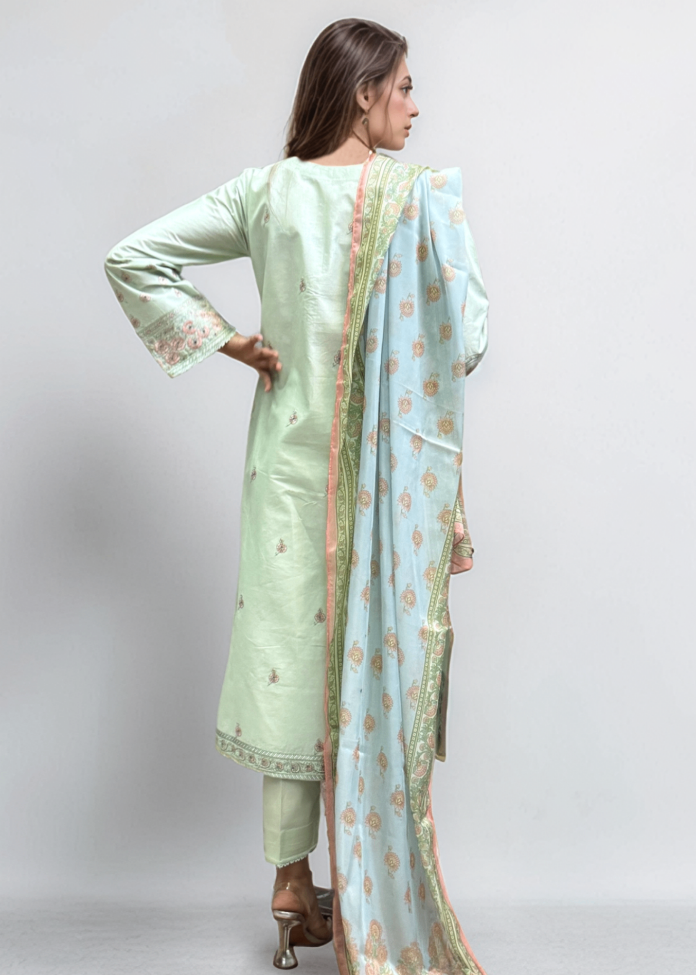 slub lawn Kurta Set in Pistachio green