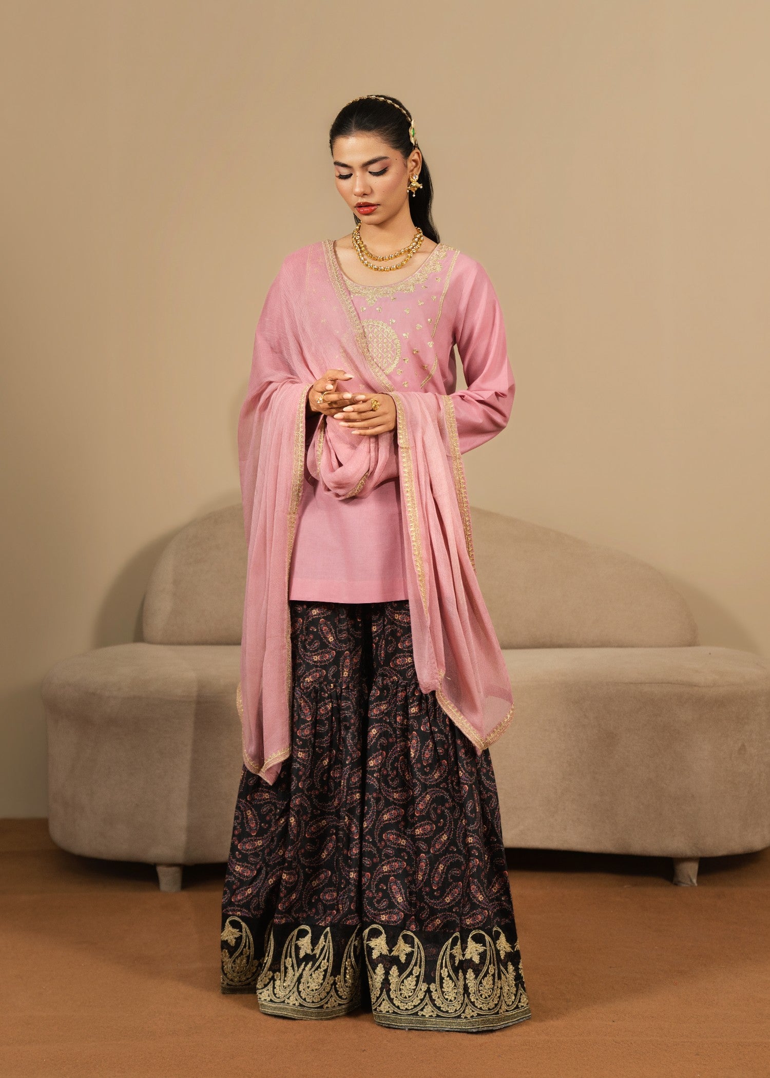 cotton Gharara in Tea rose pink