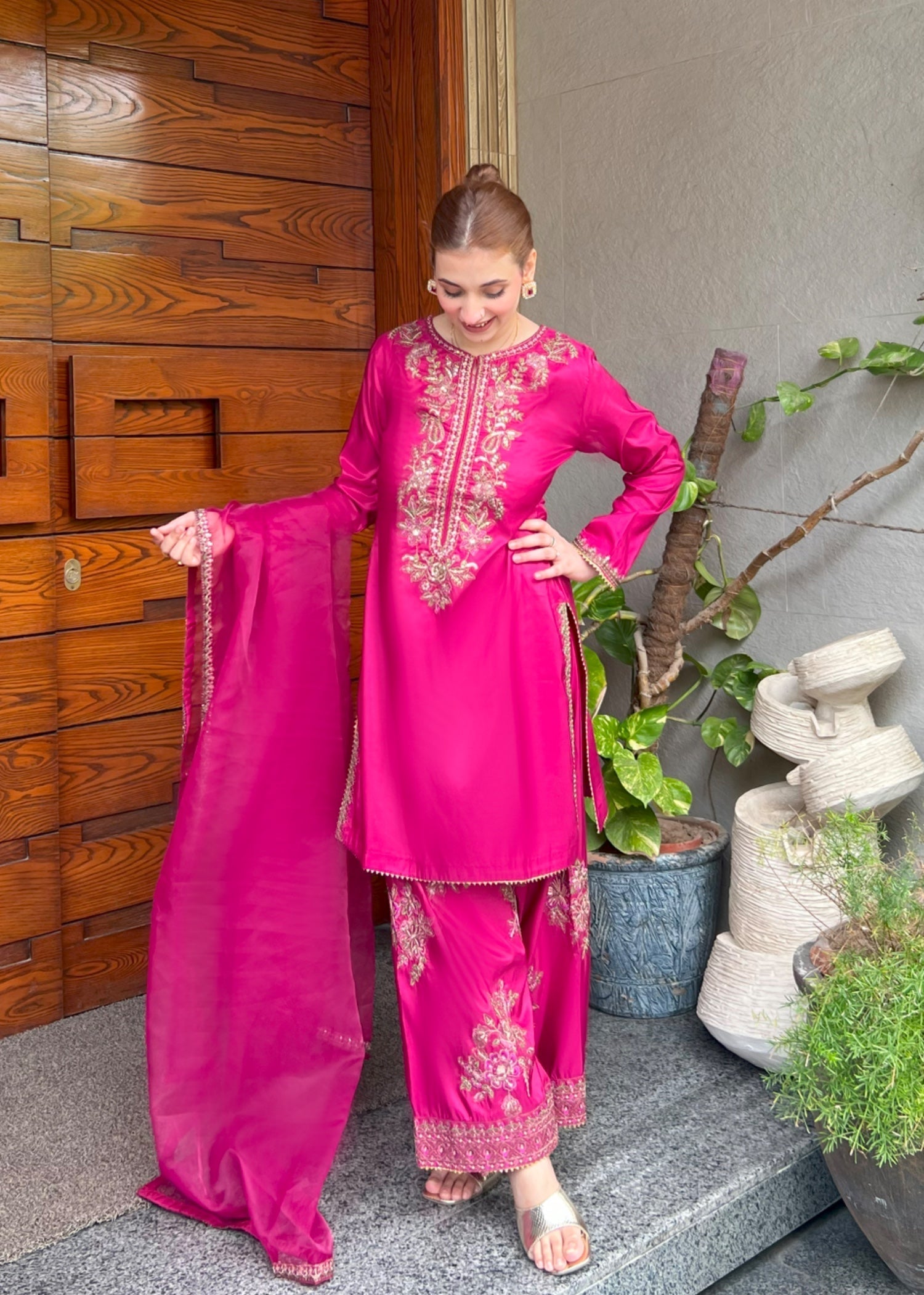 kattan silk Kurta Set in Raspberry pink