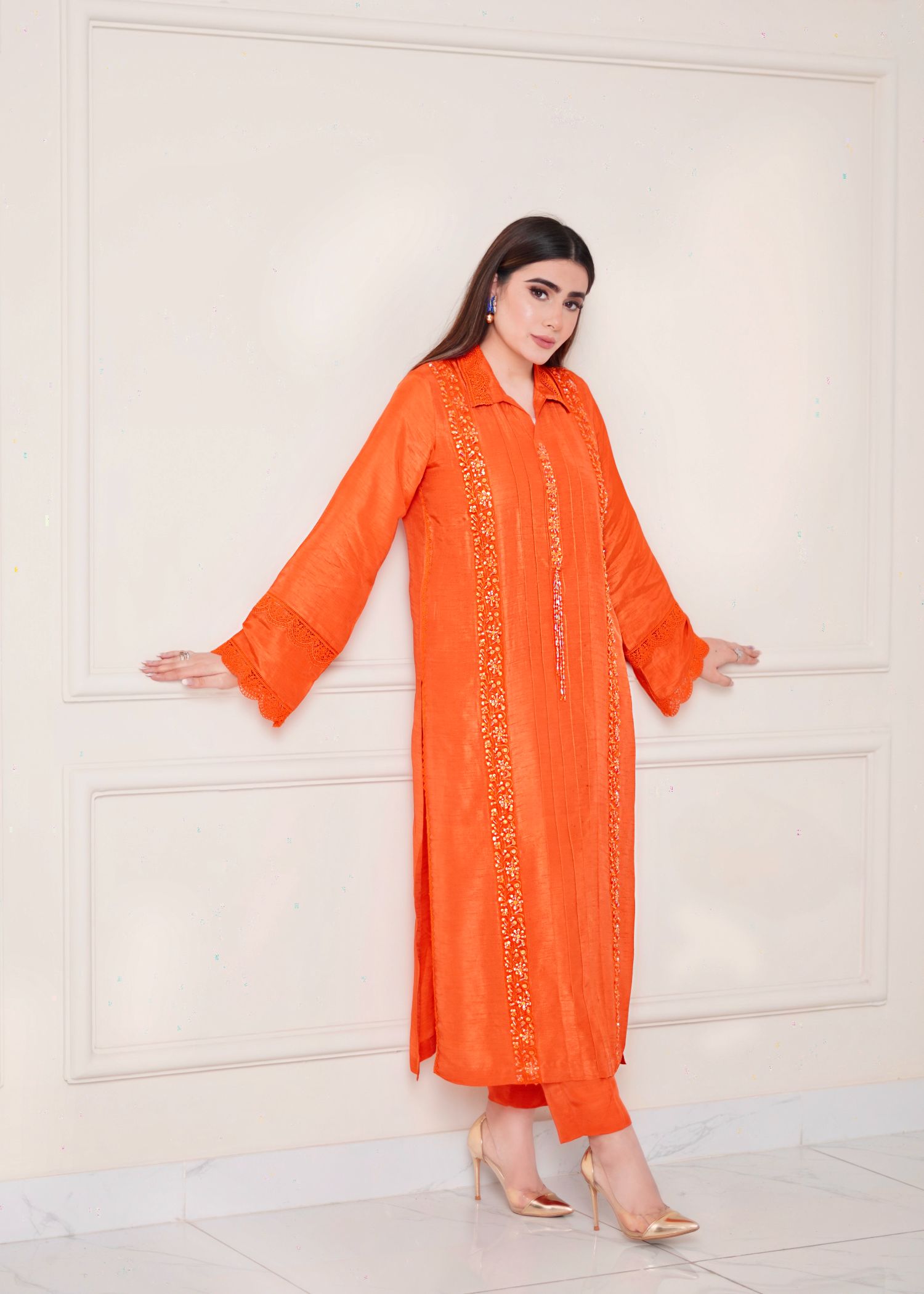 raw silk Kurta Set in Pumpkin orange