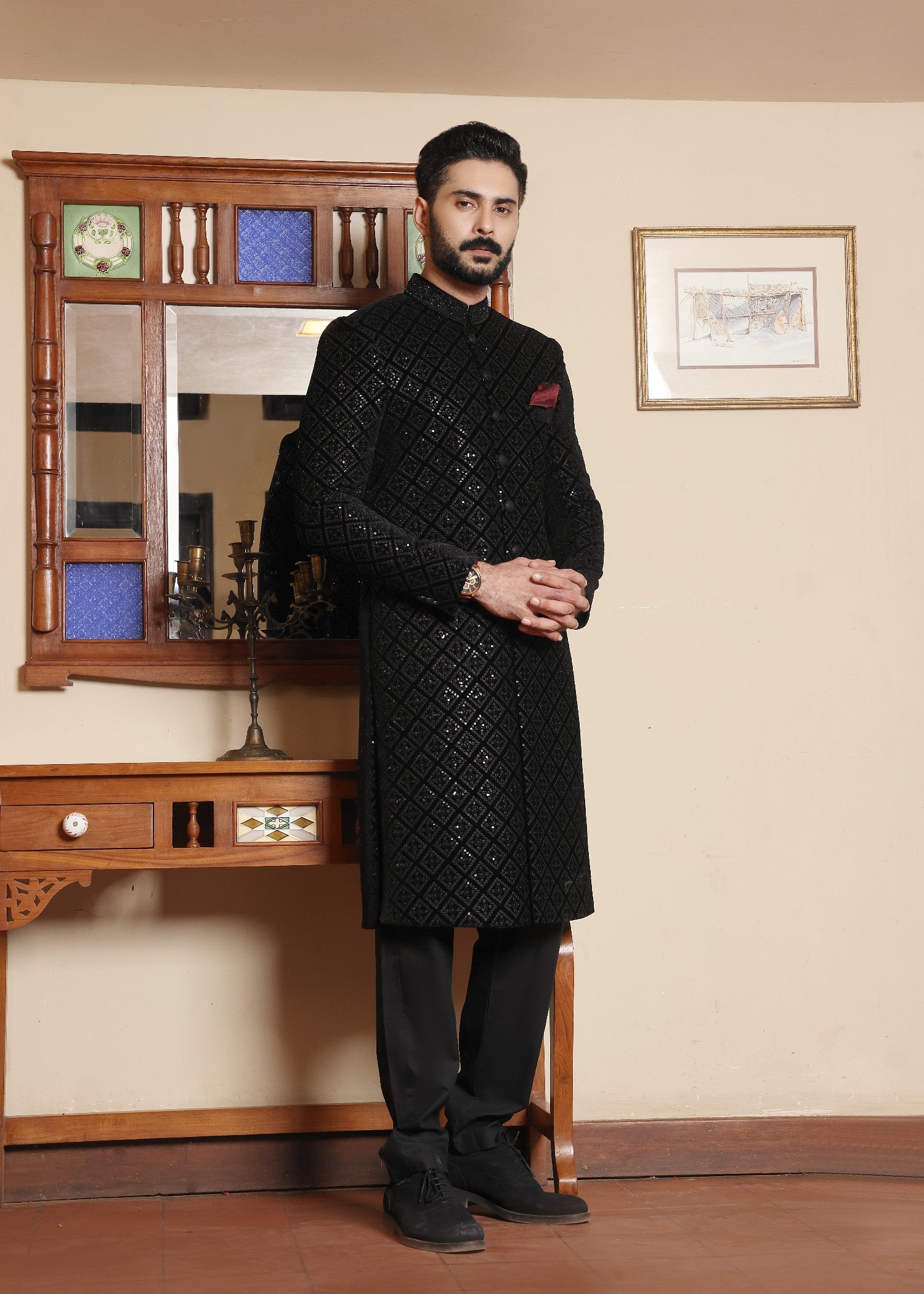 velvet Sherwani in Black