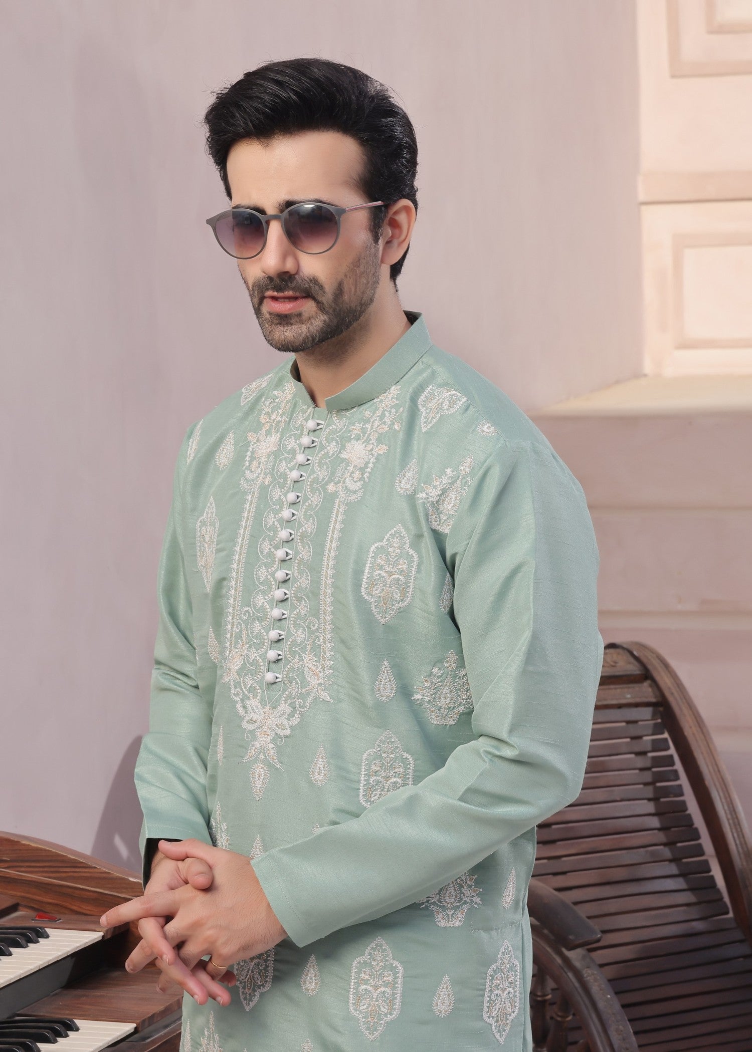 raw silk Kurta Set in Aquamarine by The Great Masters (TGM)