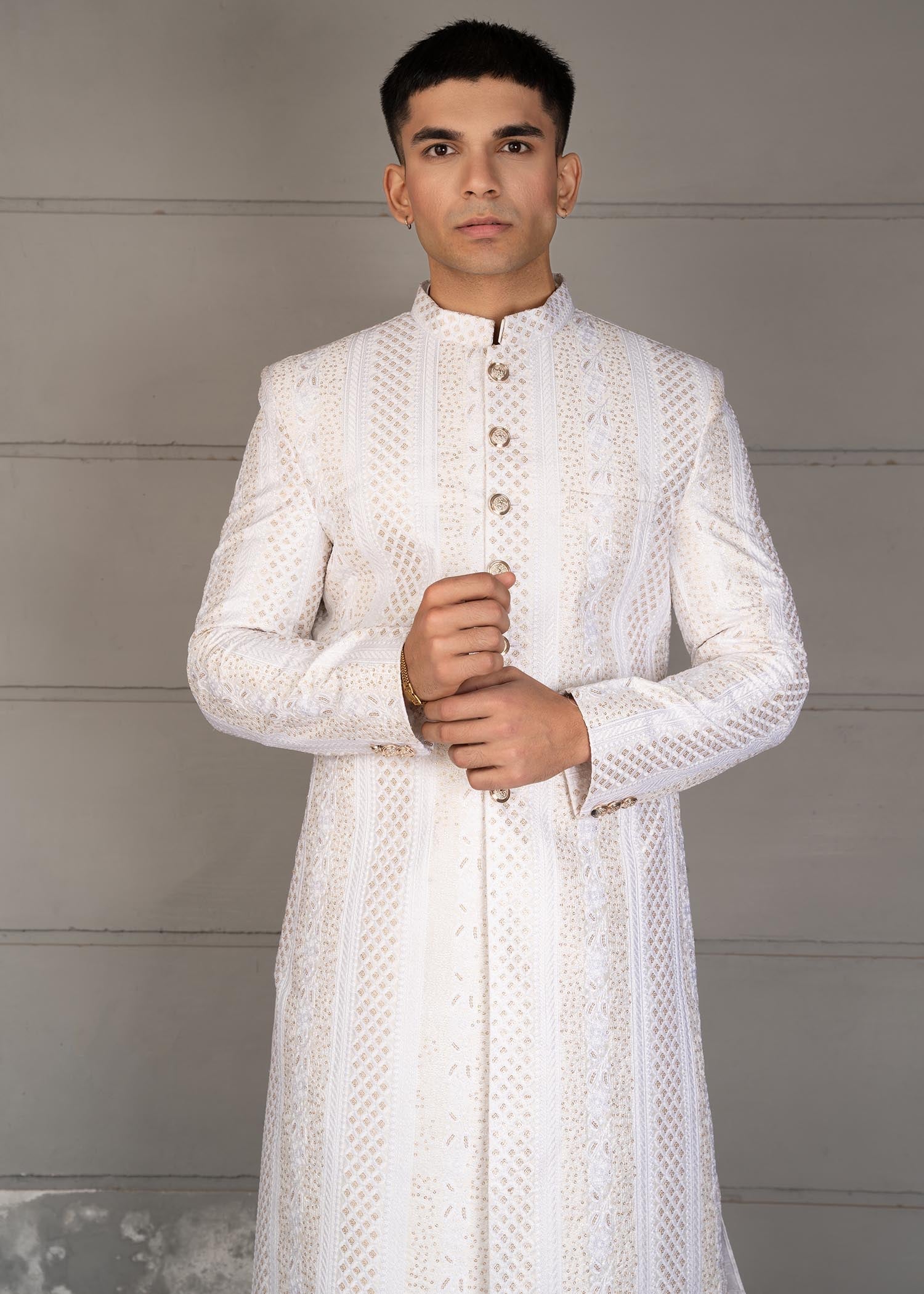silk Sherwani in White by Dress Designers