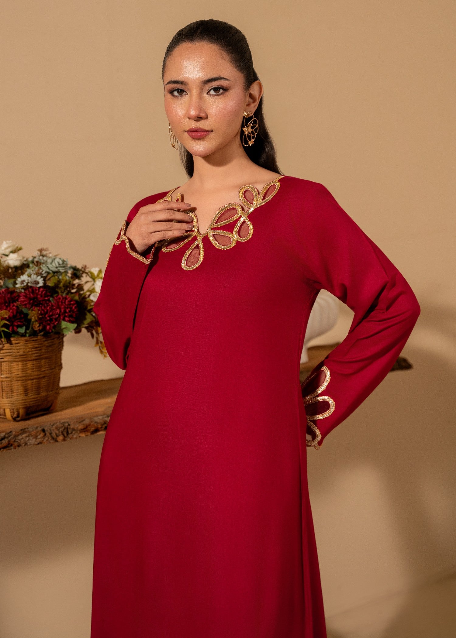 linen Pishwas in Rose red