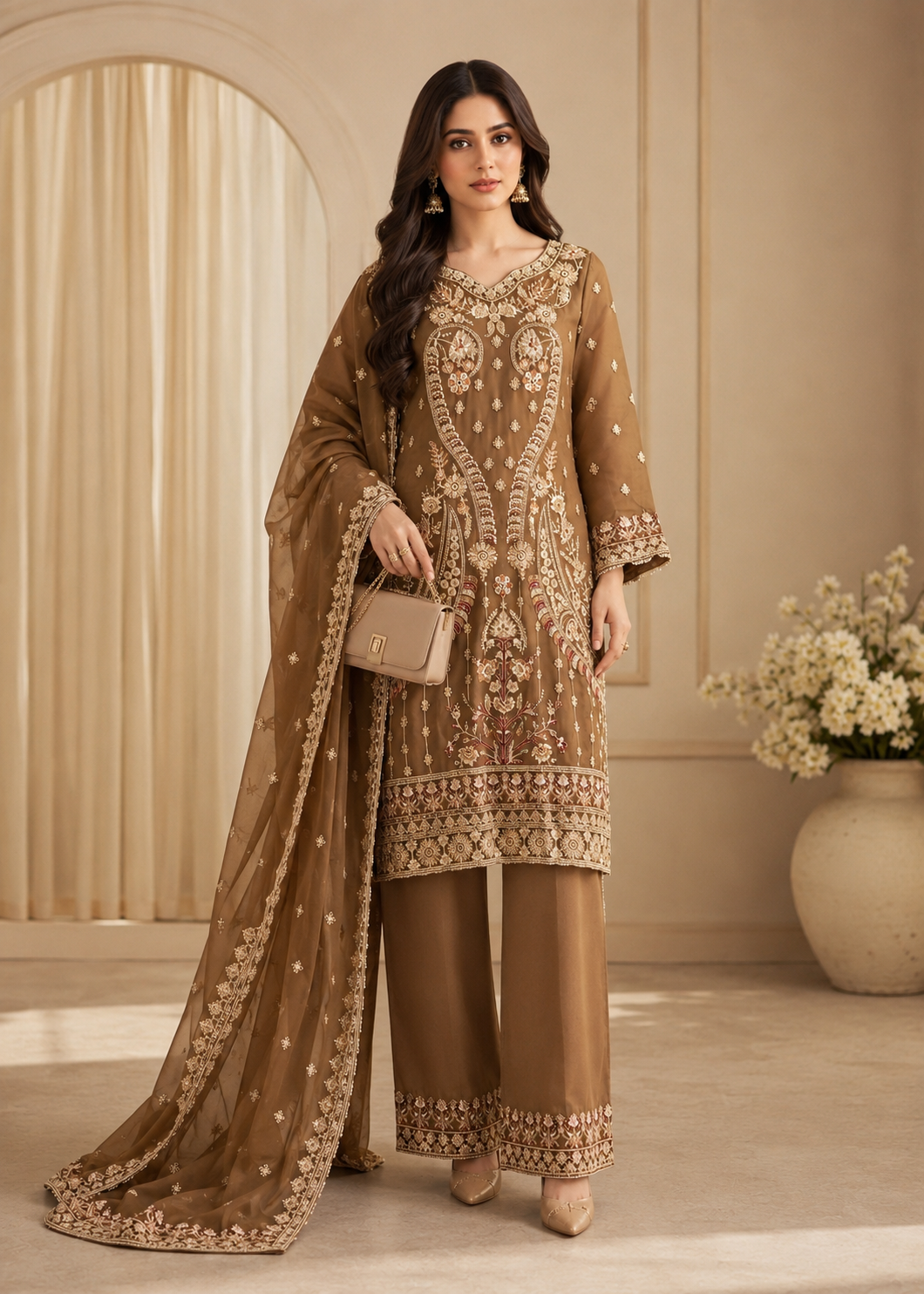 chiffon Kurta Set in Golden brown