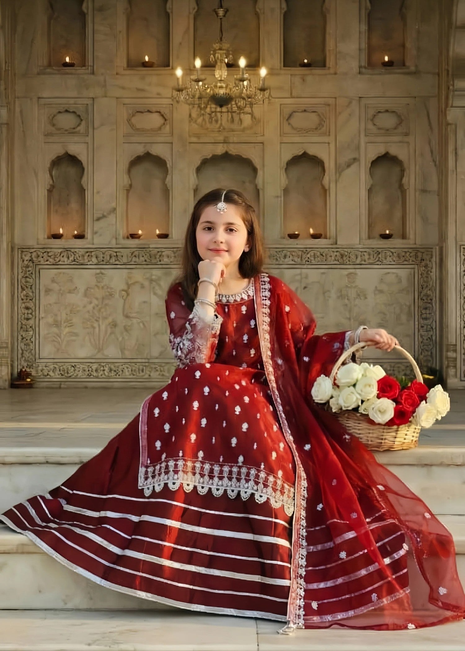 organza Lehenga in Cherry red