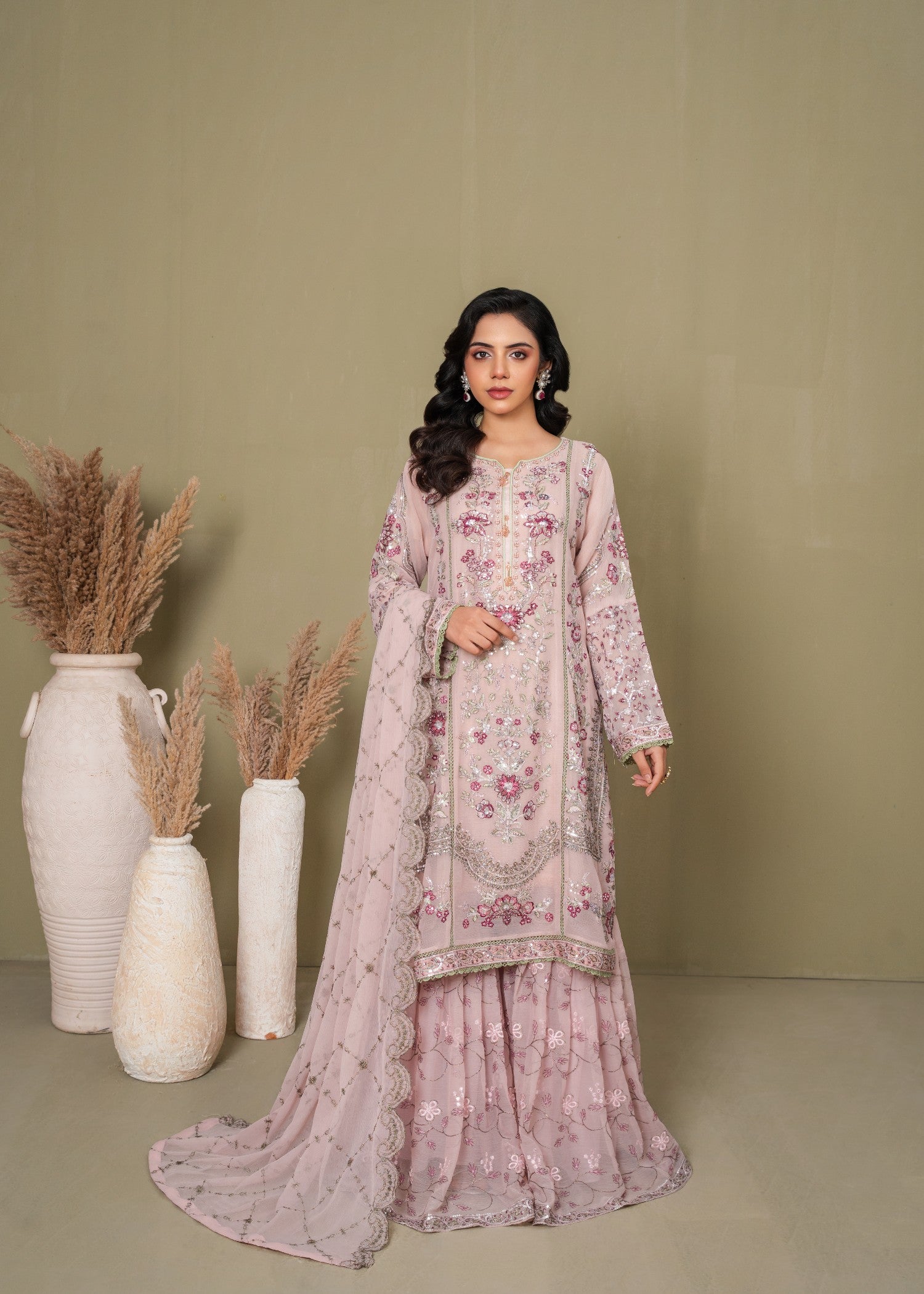 chiffon Gharara in Blush pink