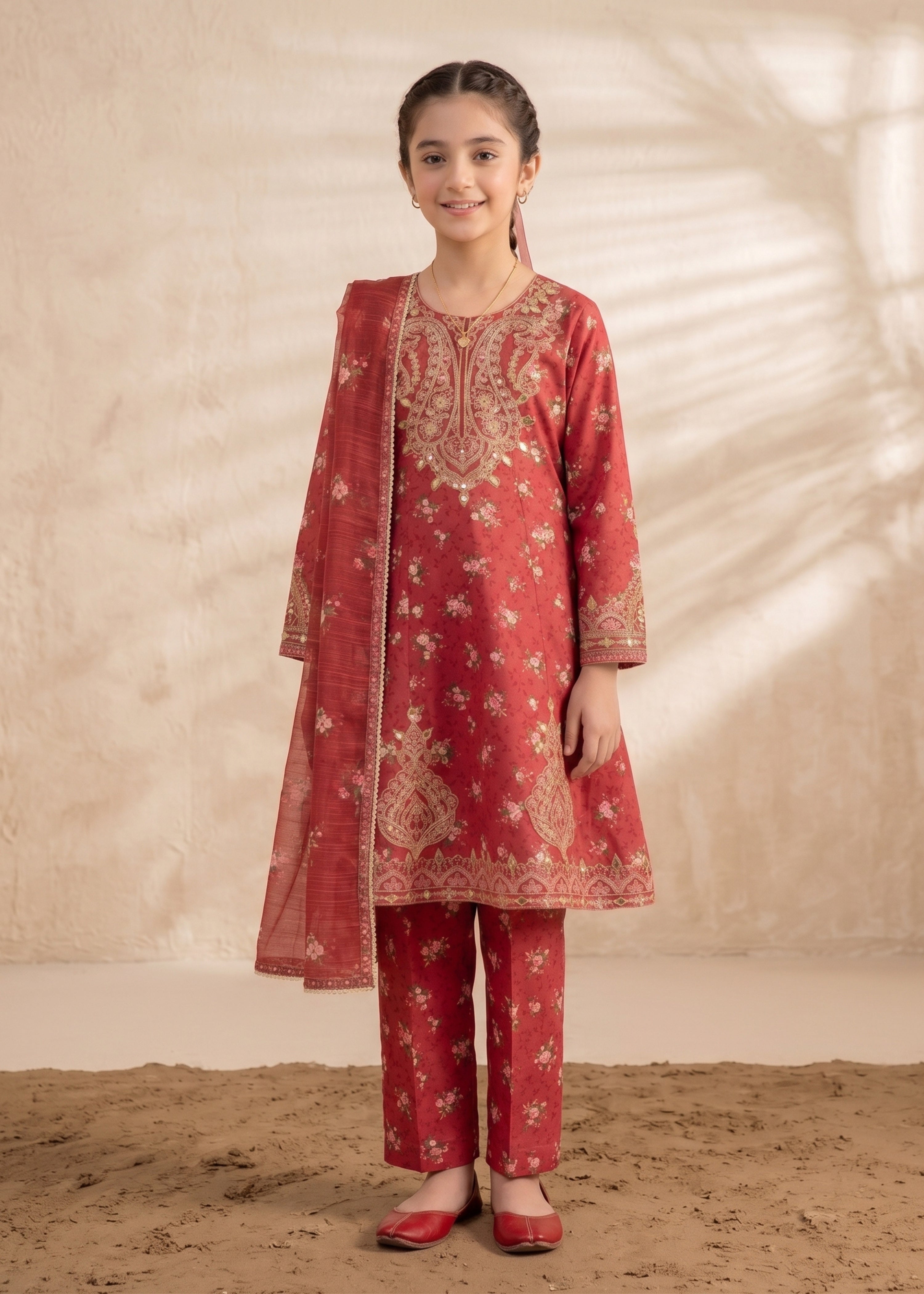 lawn Short Frock in Red