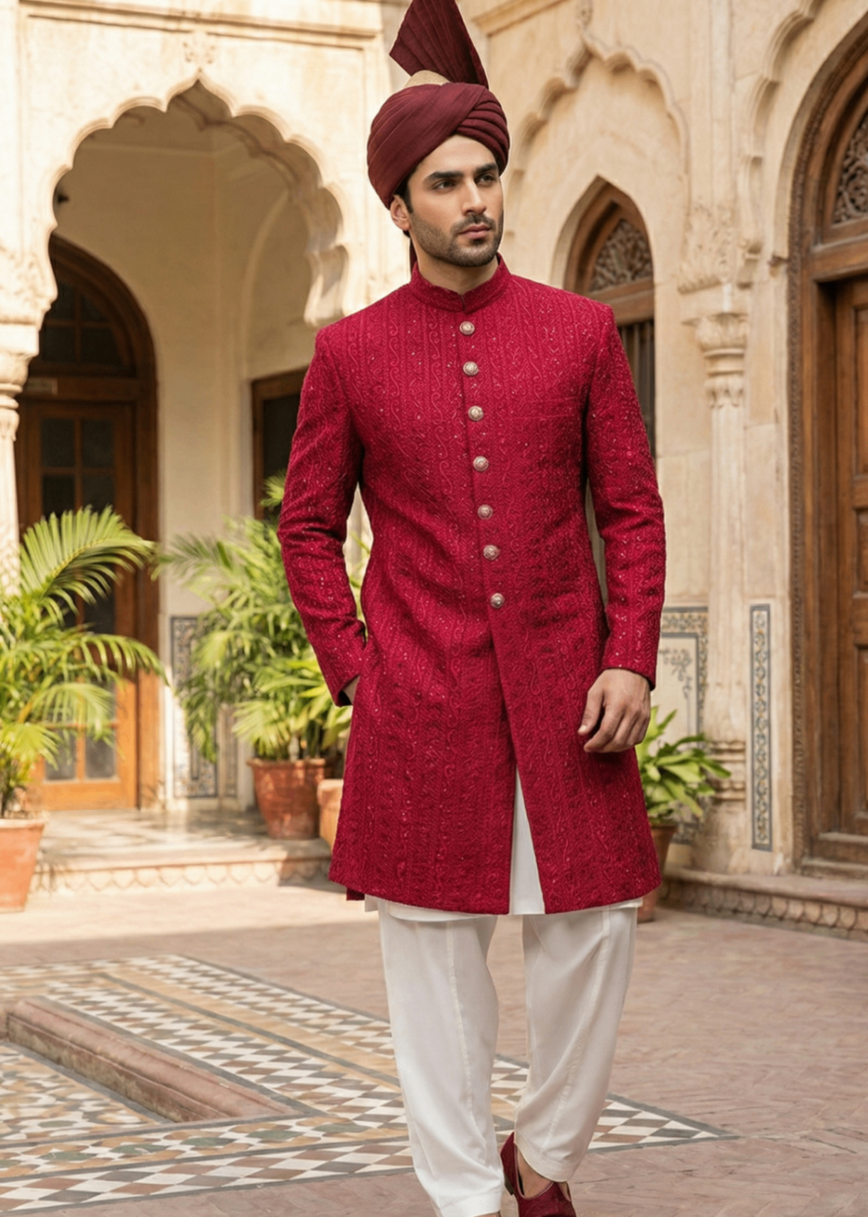 silk Sherwani in Red