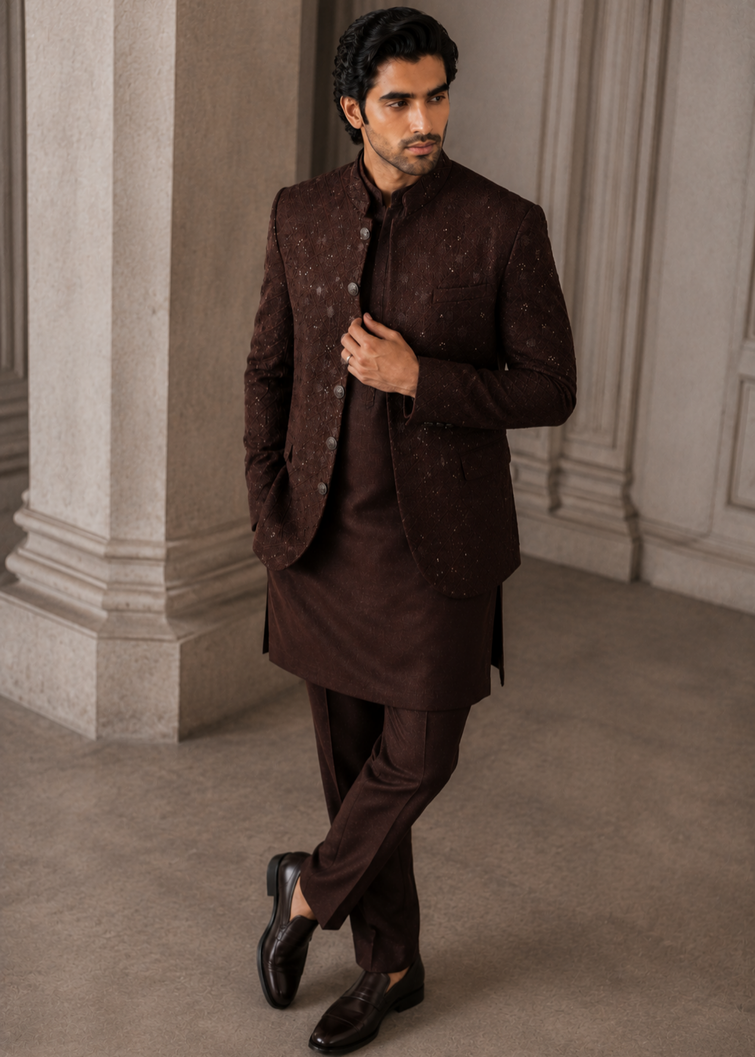 raw silk Prince Coat in Dark brown
