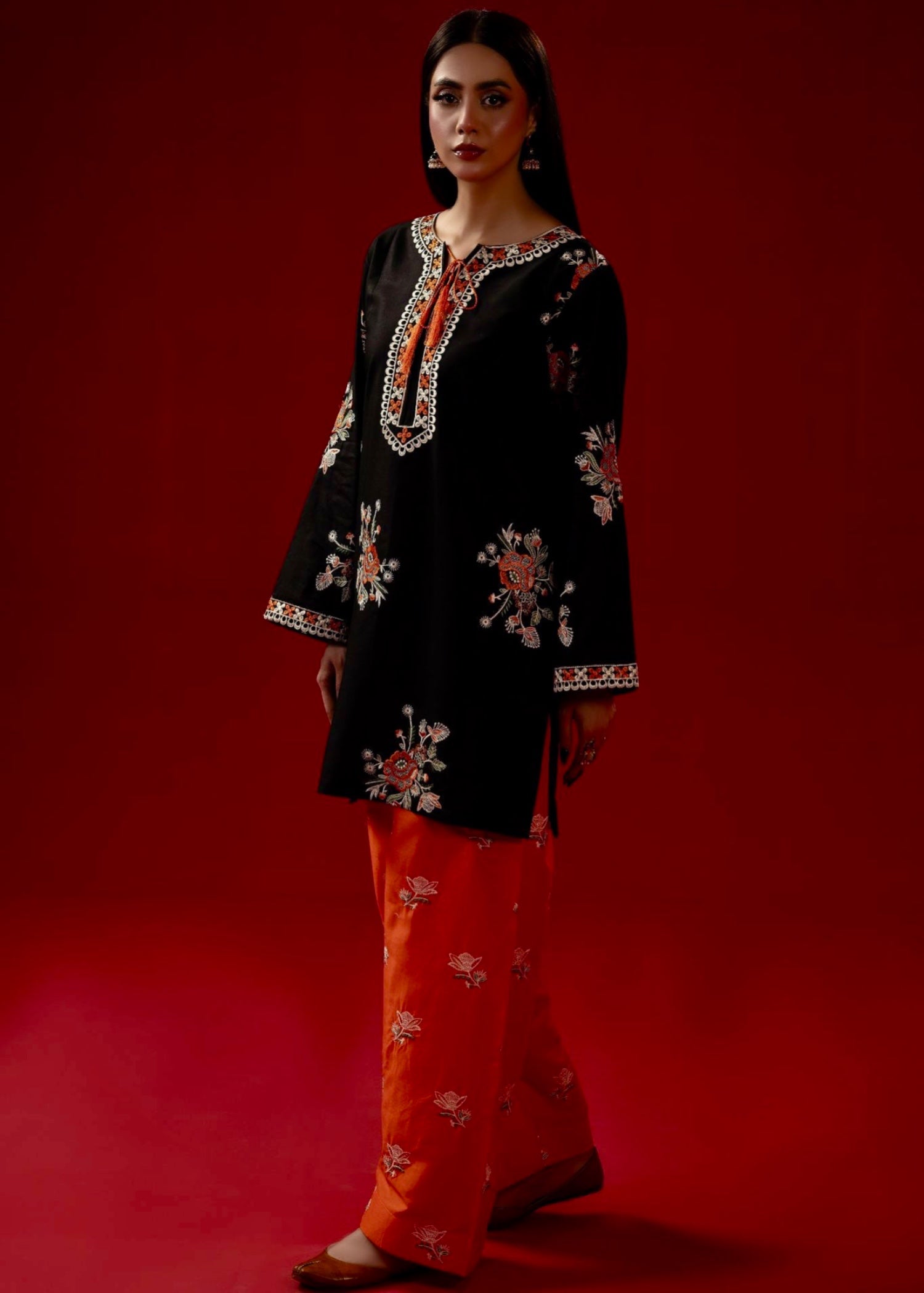 cambric Kurta Set in Black, pumpkin orange