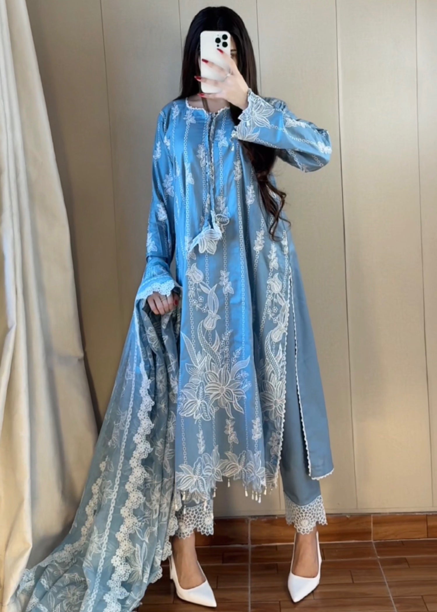 lawn Kurta Set in Ice blue, white, duck egg grey