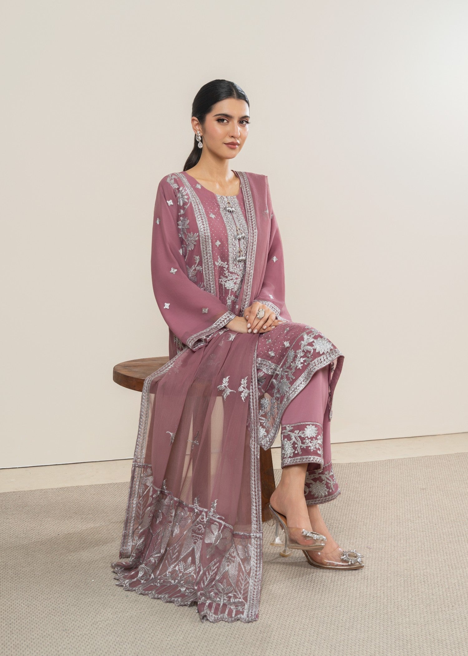 chiffon Kurta Set in Mauve pink