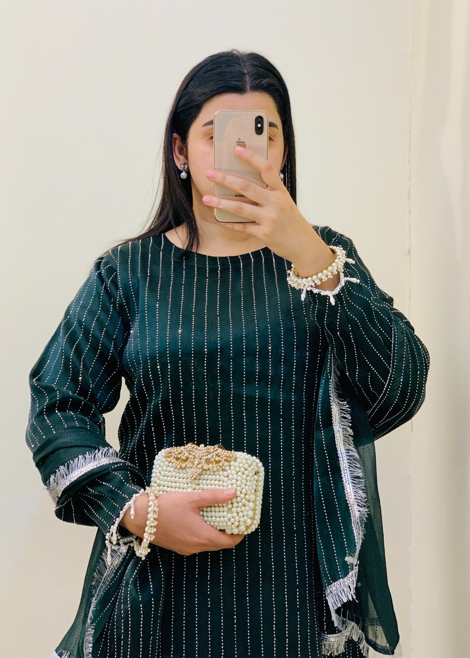 crinkle Kurta Set in Bottle green