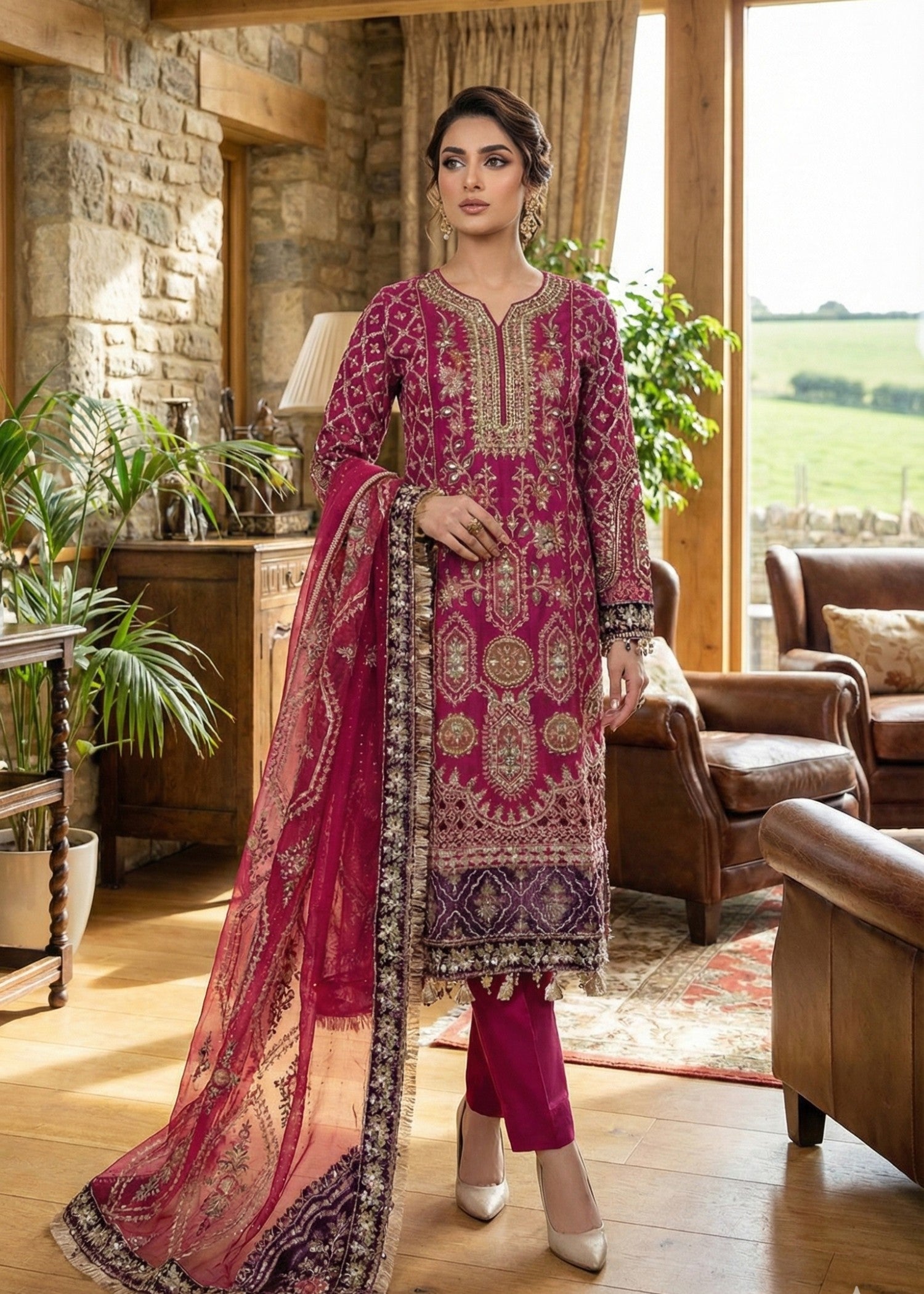 grip Kurta Set in Magenta
