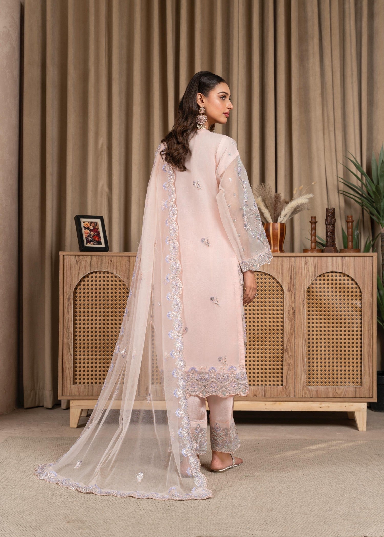 organza Kurta Set in Peach pink