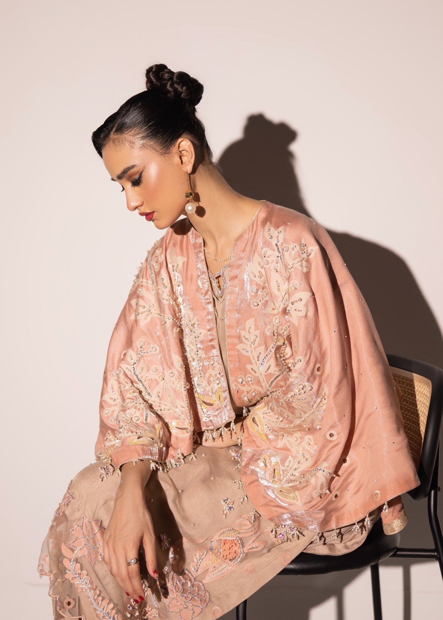 poly organza Kurta Set in Peach pink, almond brown