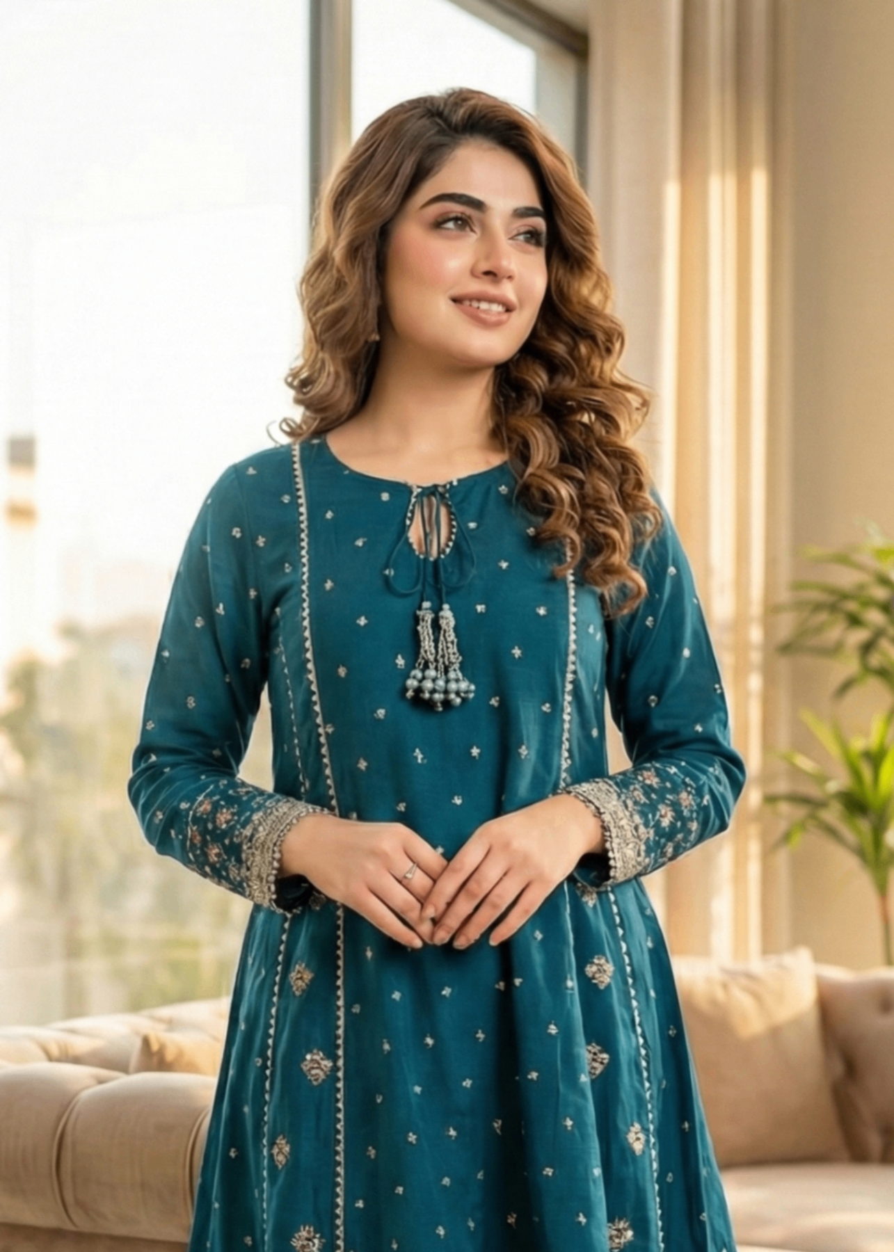 raw silk Short Frock in Teal