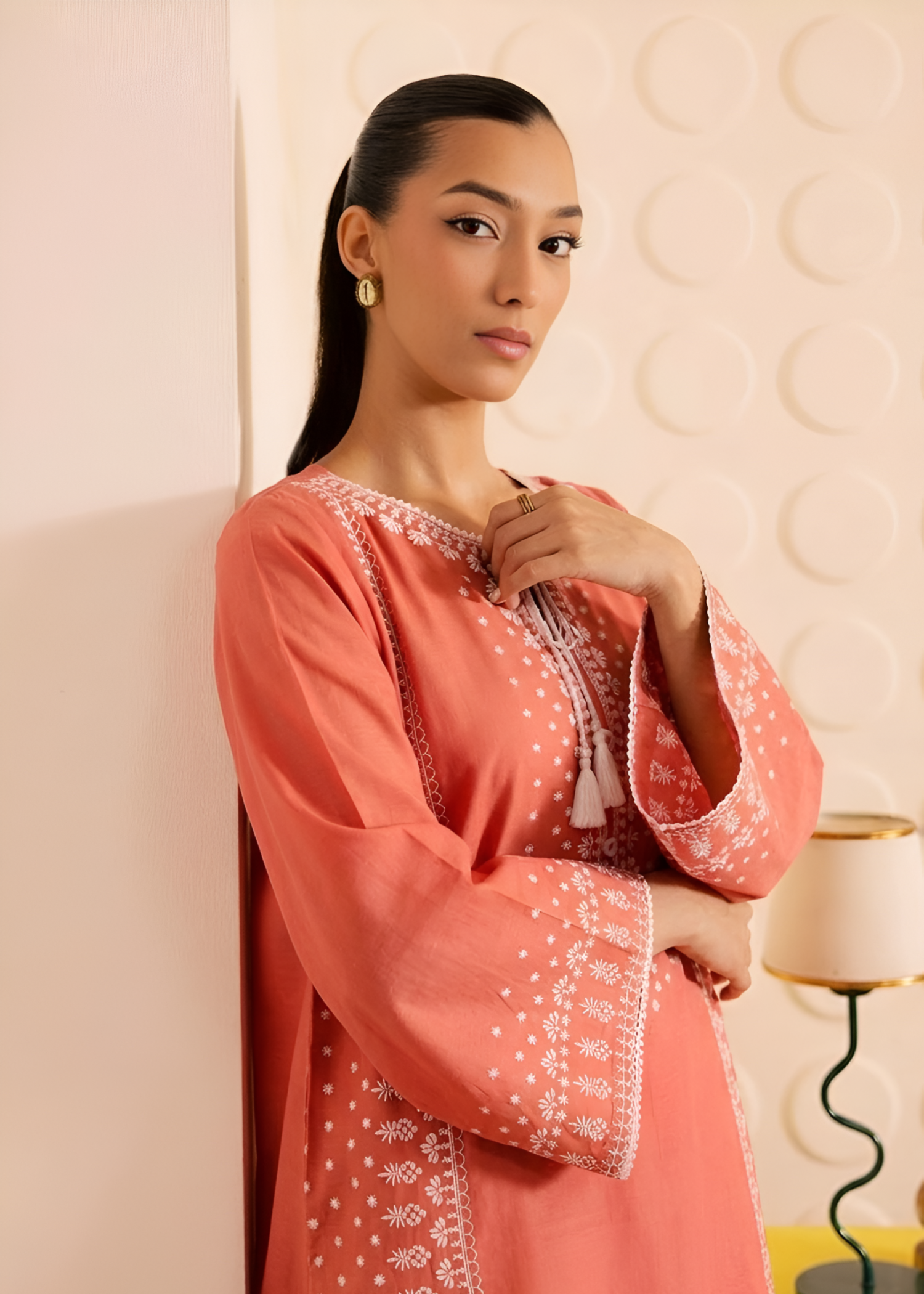 linen Kurta Set in Coral pink