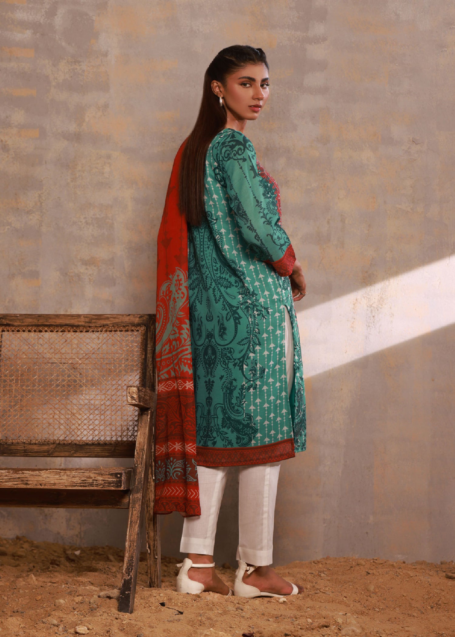 slub lawn Kurta Set in Aquamarine