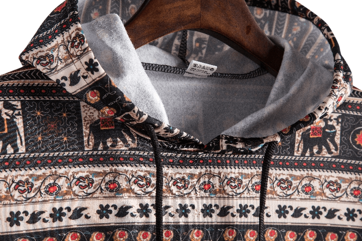 Printed Retro Ethnic Style Men'S plus Size Hooded Sweater