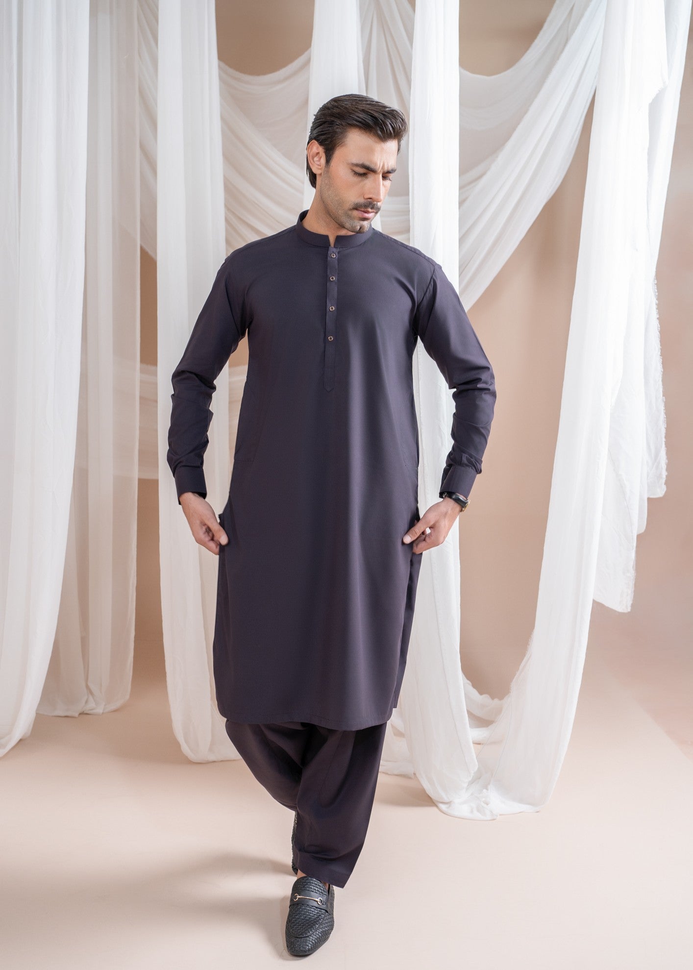 wash & wear Shalwar Kameez in Burgundy by Muraqsh