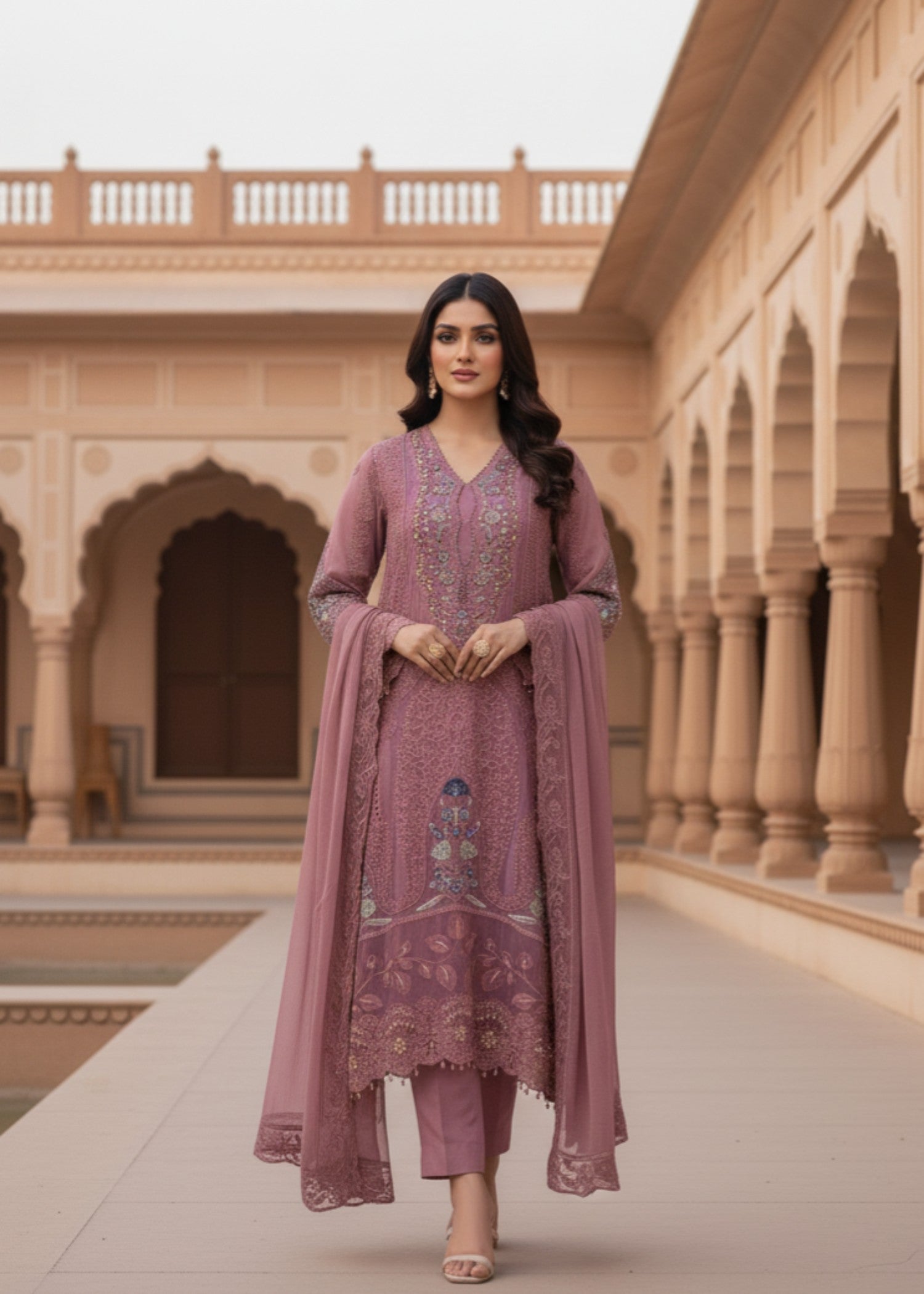 chiffon Kurta Set in Zinnia pink