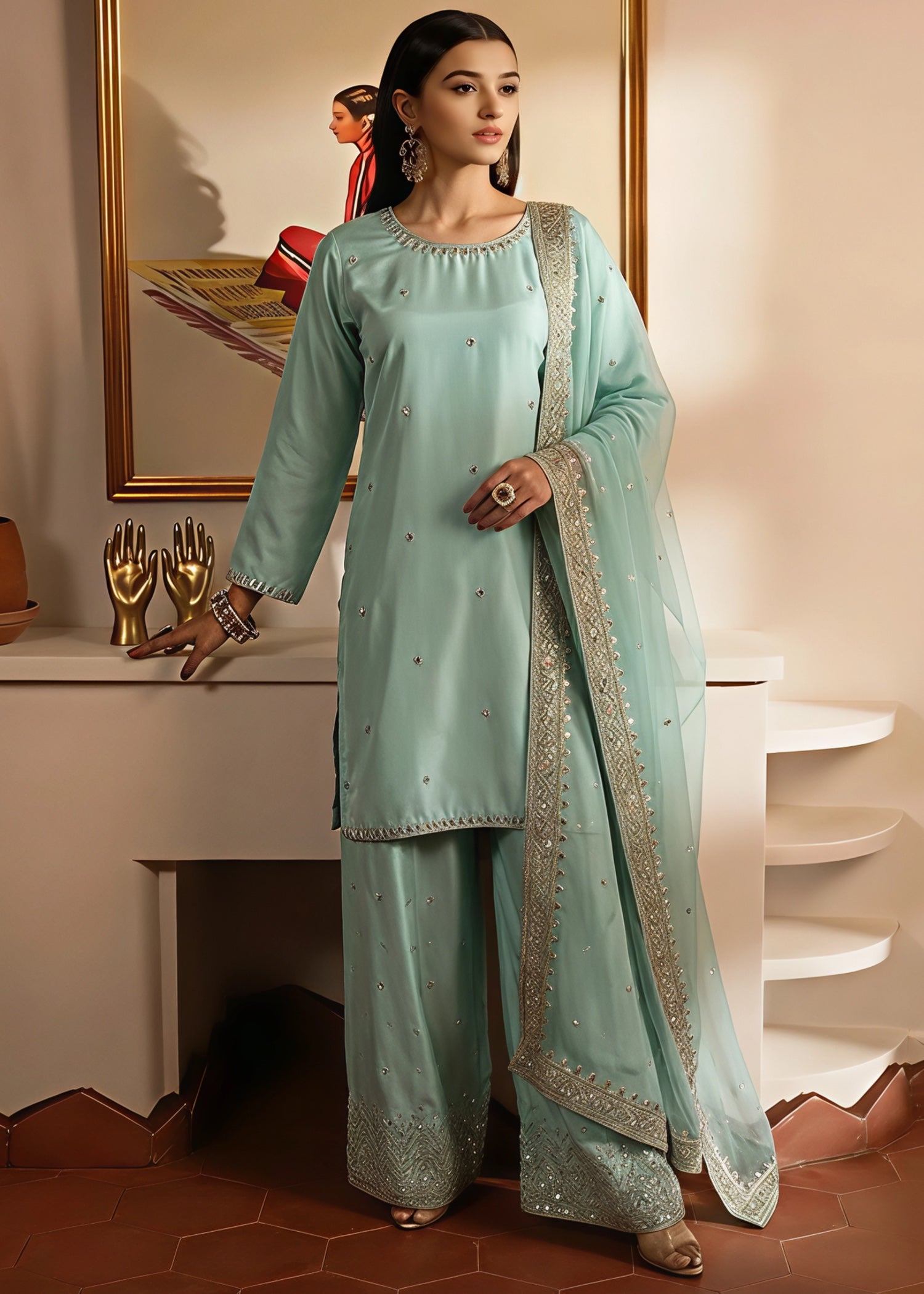 silk Kurta Set in Moss green