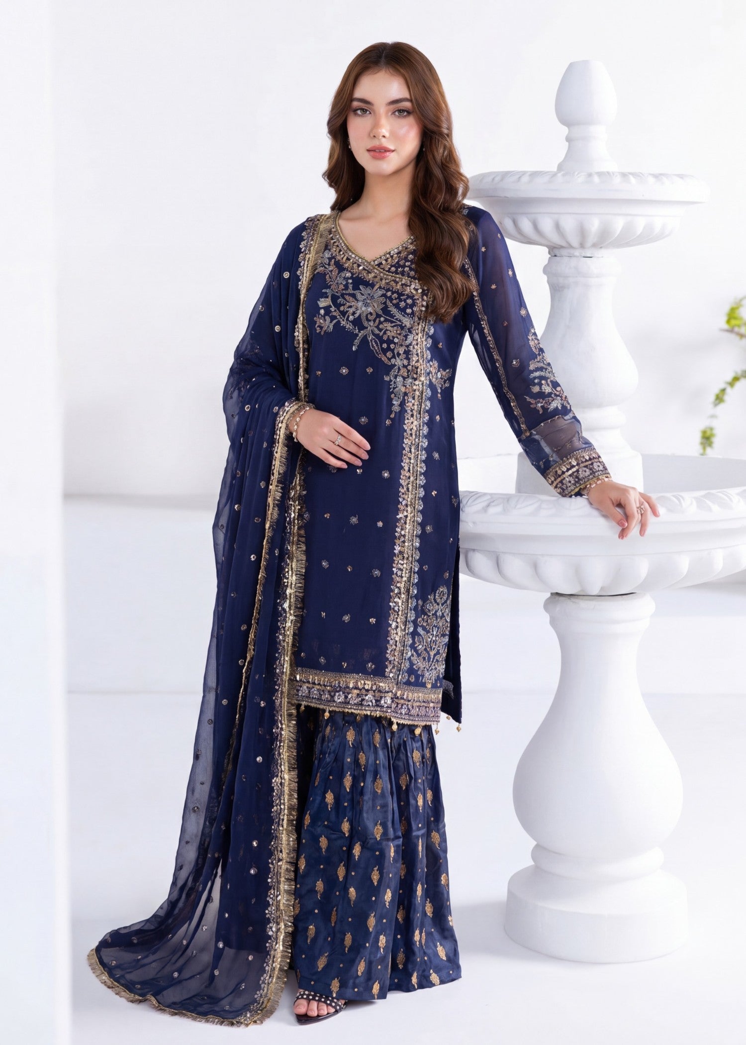 chiffon Gharara in Navy blue